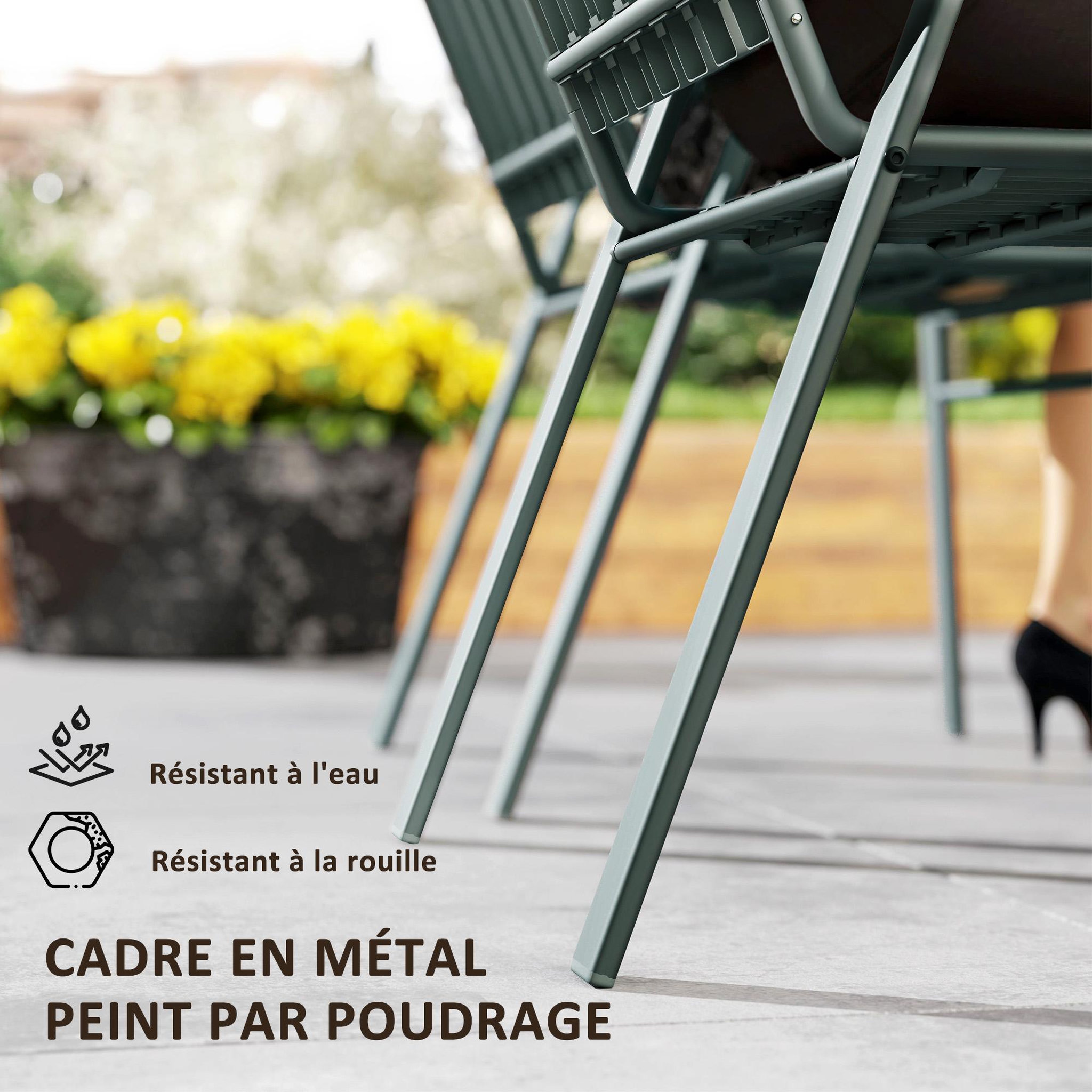 Voir la diapositive 5 : OUTSUNNY Lot de 4 chaises de jardin empilables design néo-rétro avec hauts dossiers accoudoirs acier époxy gris
