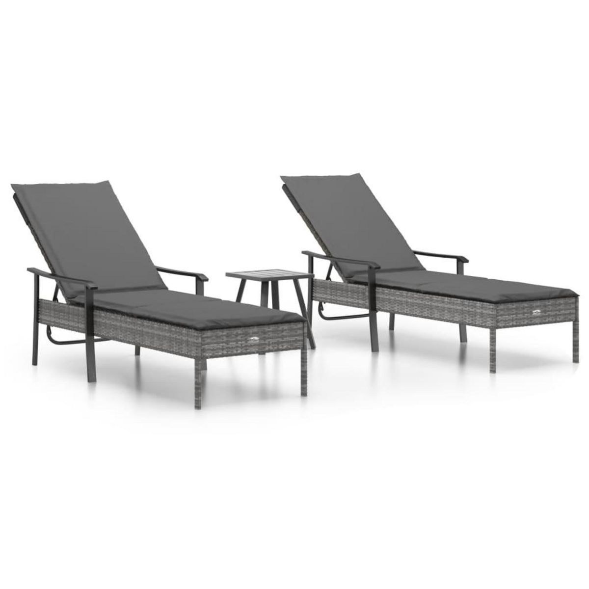 VIDAXL Chaises longues lot de 2 avec table et coussins gris poly rotin
