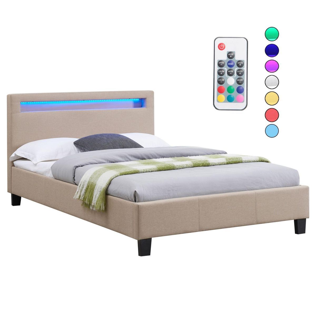 IDIMEX Lit LED simple MARISELA 120x190 cm, avec sommier, revêtement tissu