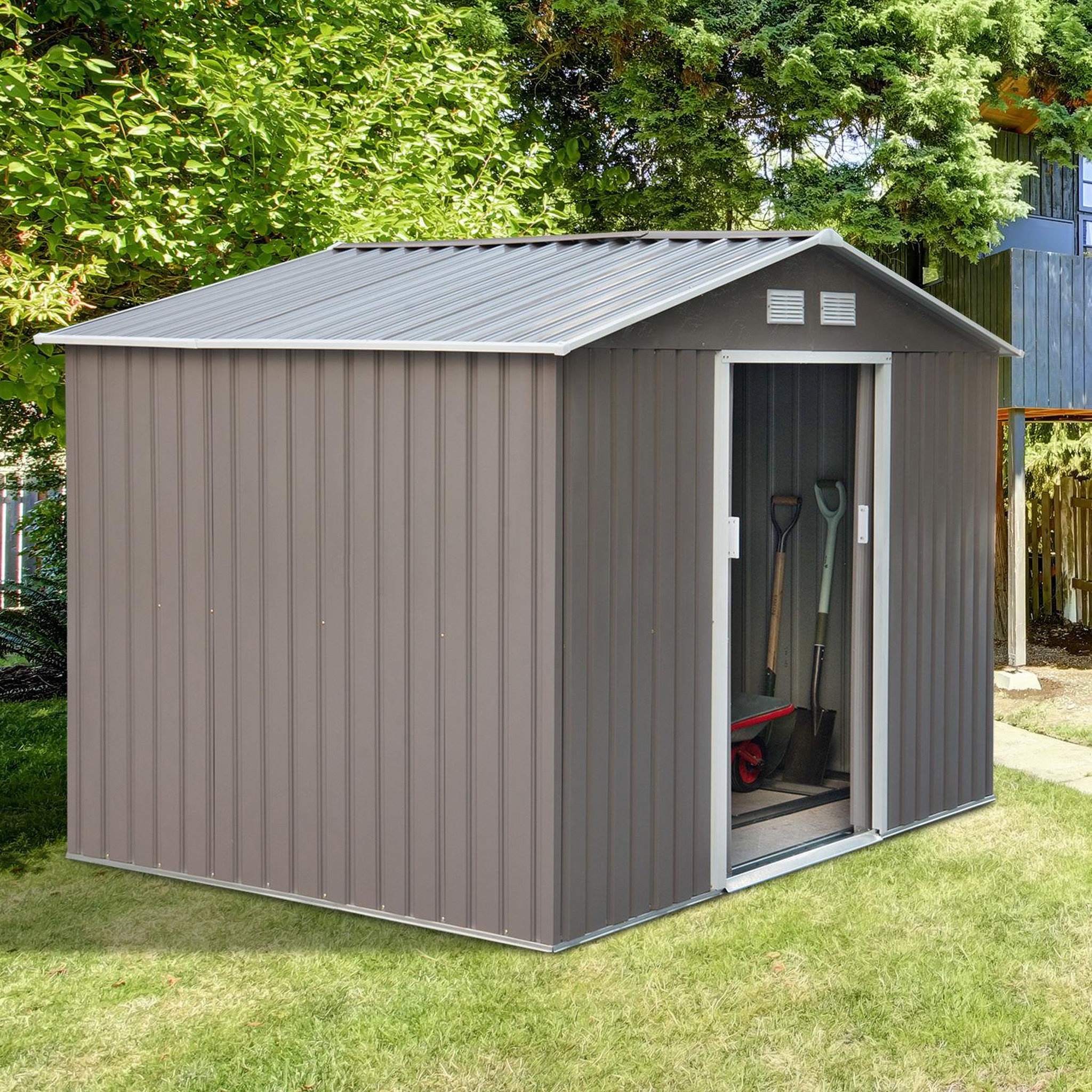 Voir la diapositive 2 : OUTSUNNY Abri de jardin - remise pour outils - cabanon double porte coulissante - fondation incluse - dim. 277L x 191l x 192H cm - tôle d'acier ondulée grise