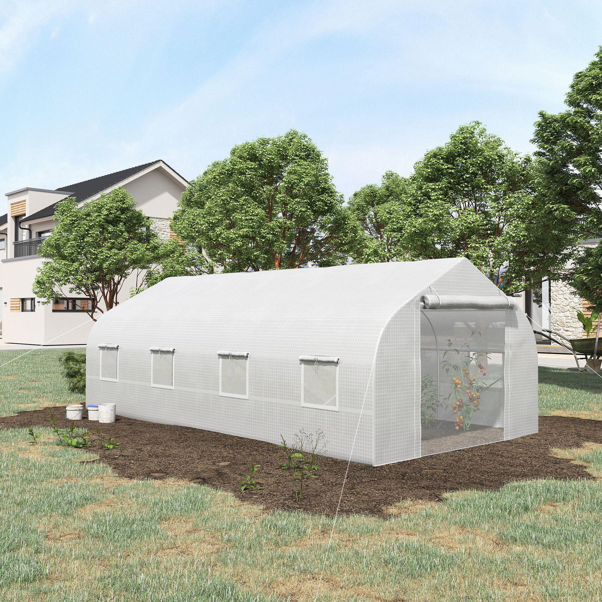 Voir la diapositive 2 : OUTSUNNY Serre tunnel grande taille 17,85 m² châssis tubulaire acier galvanisé renforcé 2,4 cm 8 fenêtres 1 porte blanc