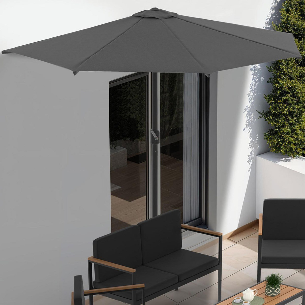 ID MARKET Demi parasol de balcon CORTE gris 2,7x1,35 M avec housse