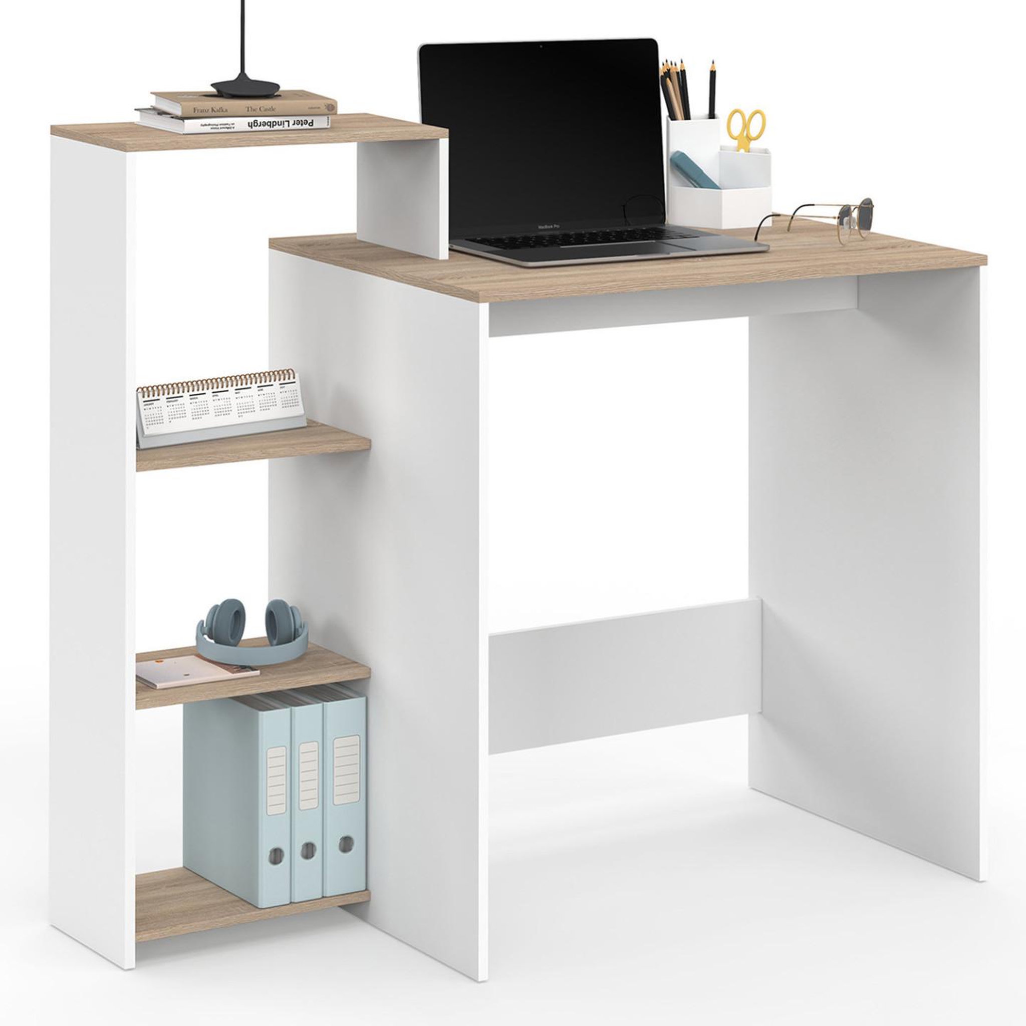 ID MARKET Bureau avec étagères modulables latérales lilian bois façon hêtre et blanc