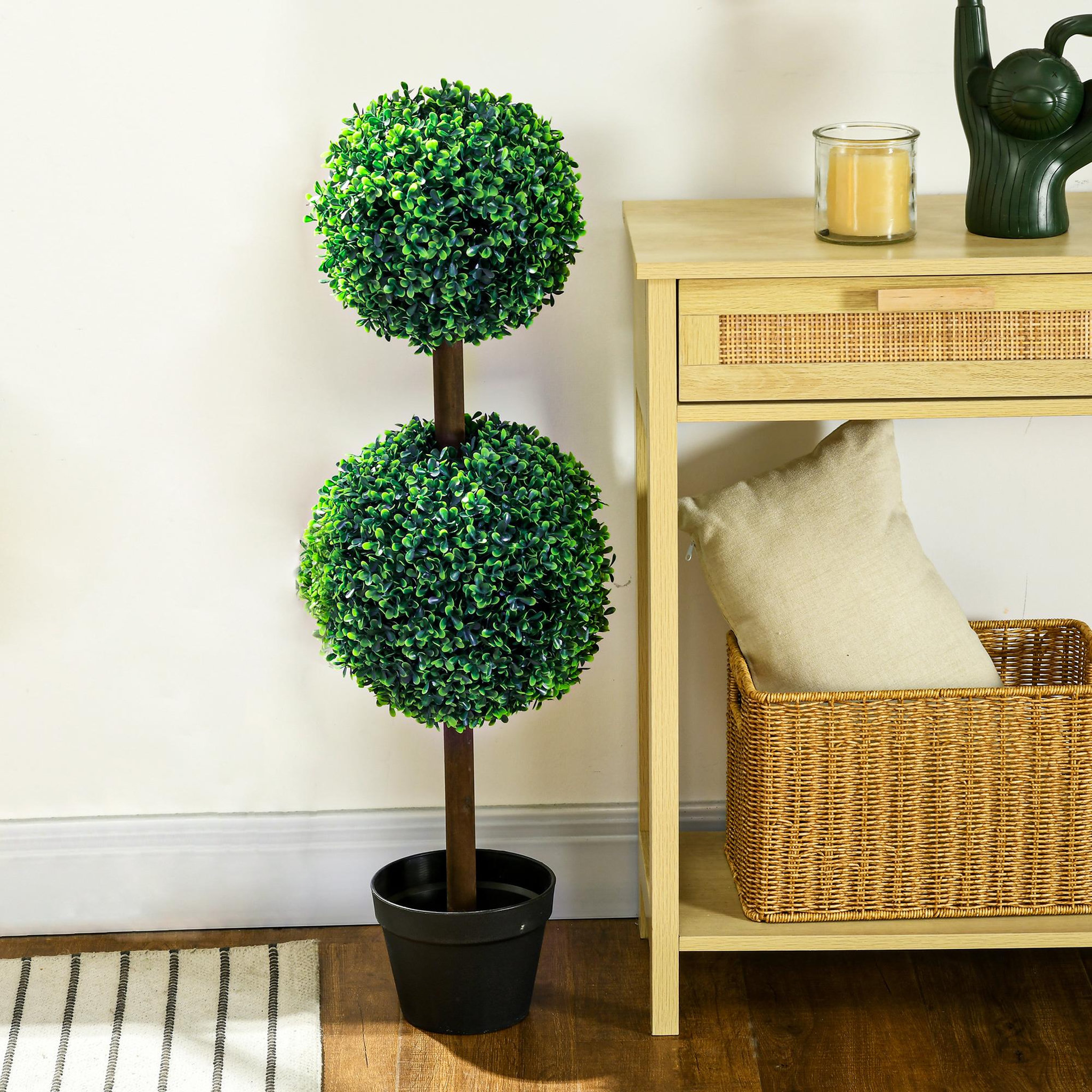 Voir la diapositive 4 : HOMCOM Lot de 2 buis artificiel double boules - cailloux et pot inclus - H.90 cm PE vert