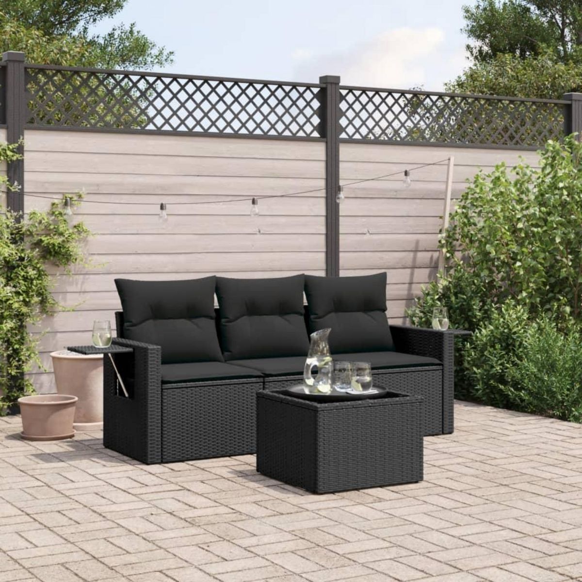 VIDAXL Salon de jardin 4 pcs avec coussins noir resine tressee