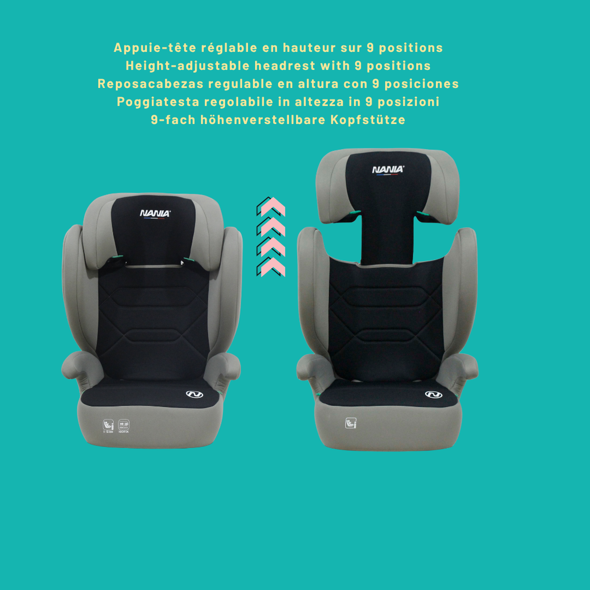 Voir la diapositive 3 : NANIA NANIA Siège auto enfant Isofix Bogota 2 EN 1 I-size 100-150 cm-Groupe 2/3- environ 4-12 ans -Rehausseur siège auto enfant avec Protection Latérale - Appui-tête Réglable- Fixation Isofix ou ceinture