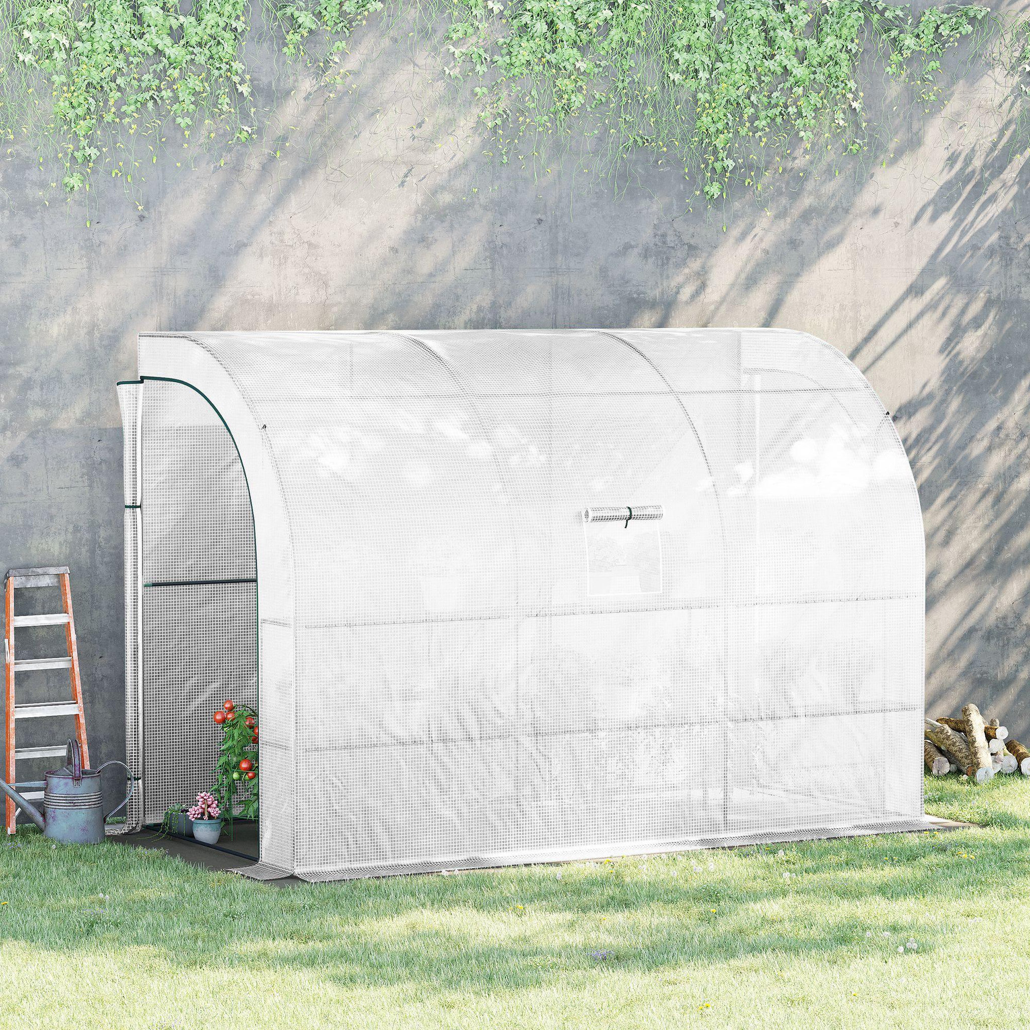 Voir la diapositive 6 : OUTSUNNY Serre de jardin adossée 2 étagères incluses porte fenêtre blanc