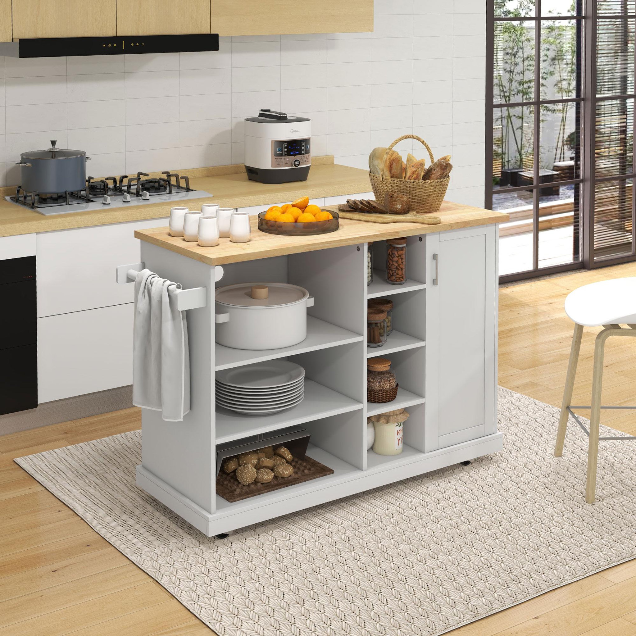 Voir la diapositive 2 : HOMCOM Desserte de cuisine îlot multi-rangement mdf blanc plateau bois hévéa verni