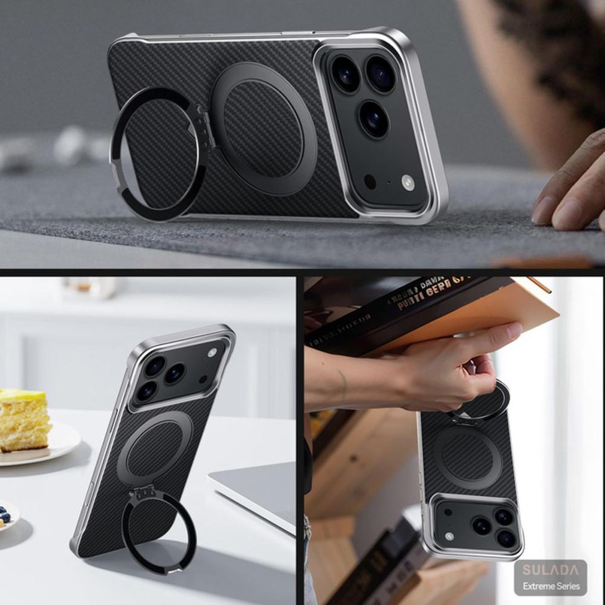 Voir la diapositive 6 : coque magnétique cuir avec support intégré pour iPhone 17 Pro Max, texture carbone, noir