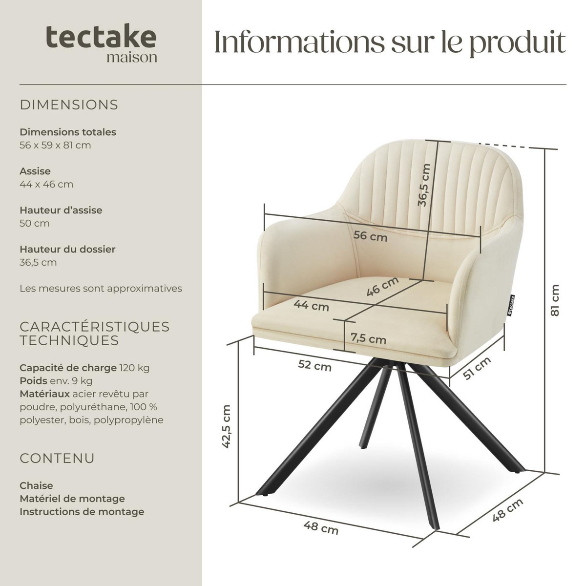 tectake Chaise pivotante en velours rembourrée crème/noir