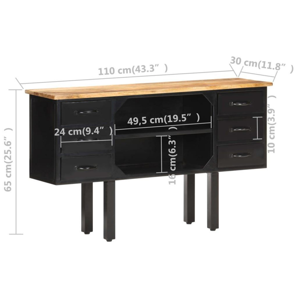 VIDAXL Buffet 110x30x65 cm Bois de manguier massif brut et acier