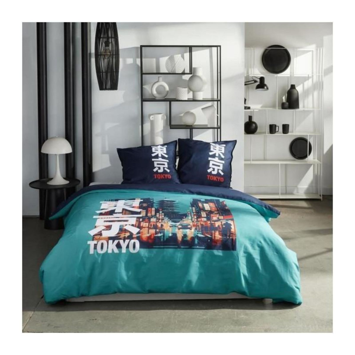 Today Parure de lit - TODAY - JAVA - 2 personnes - 240x220 cm - Coton - Imprimé Tokyo - Turquoise