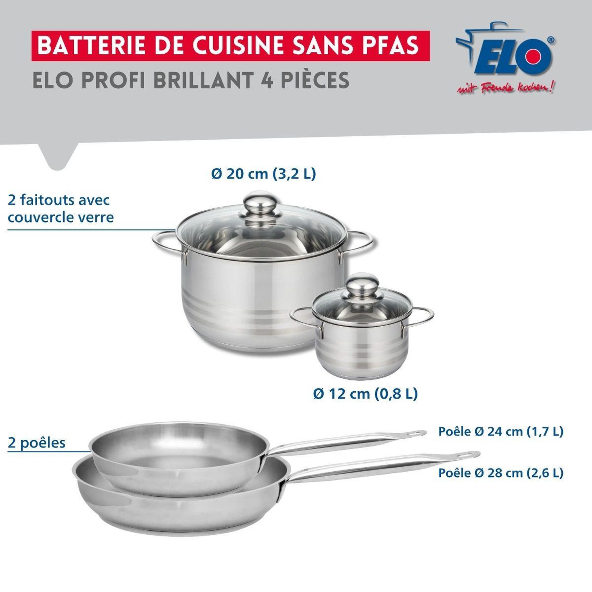Voir la diapositive 2 : ELO Ensemble de 2 poêles de cuisson 24 et 28 cm et 2 faitouts 12 et 20 cm elo profi brillant