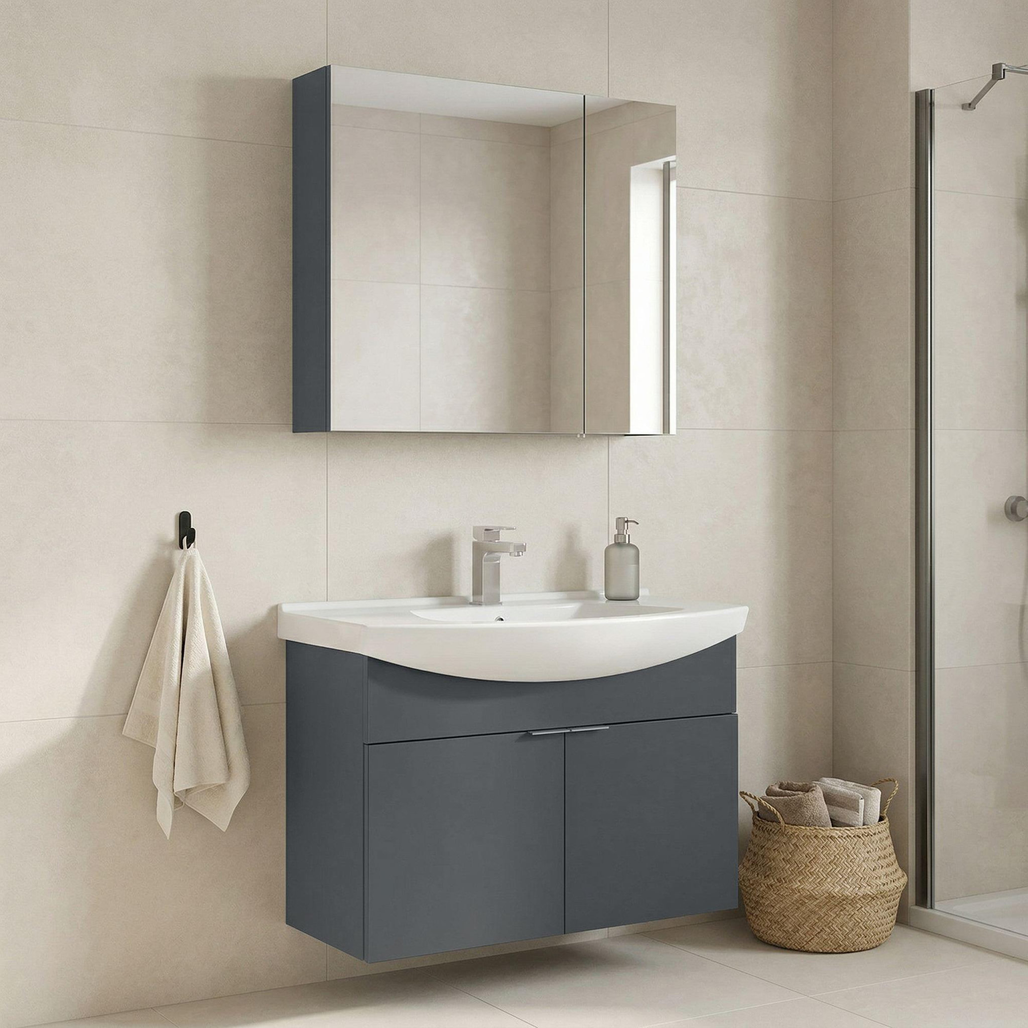 Voir la diapositive 2 : Habitat et Jardin Meuble avec simple vasque et miroir  Purus 80  - 80 x 50 x 58 cm - Matte Anthracite