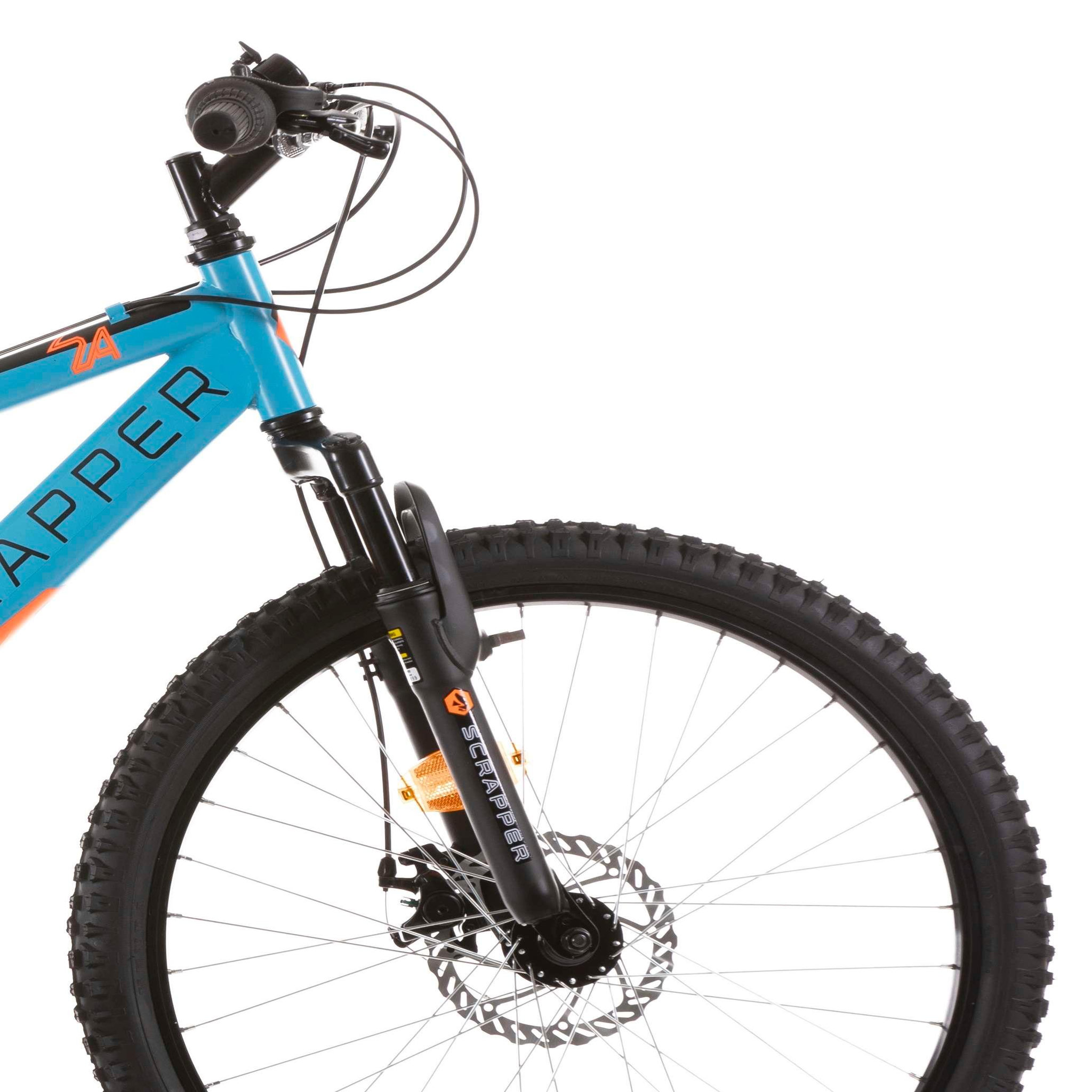 Voir la diapositive 4 : SCRAPPER Vélo enfant (140-160 cm) - VTT 24'' Tout suspendu SCRAPPER - Fourche télescopique - 18 Vitesses - Dérailleur shimano - Frein à disque avant et V-Brake à l'arrière