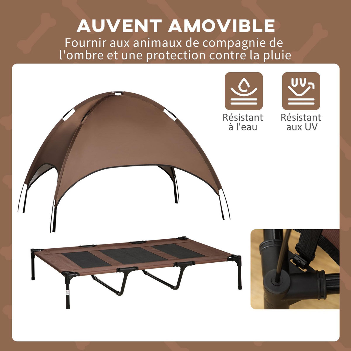 PAWHUT Lit pour chien chat sur pied velum anti-UV tissu Oxford micro-perforé sac transport inclus marron