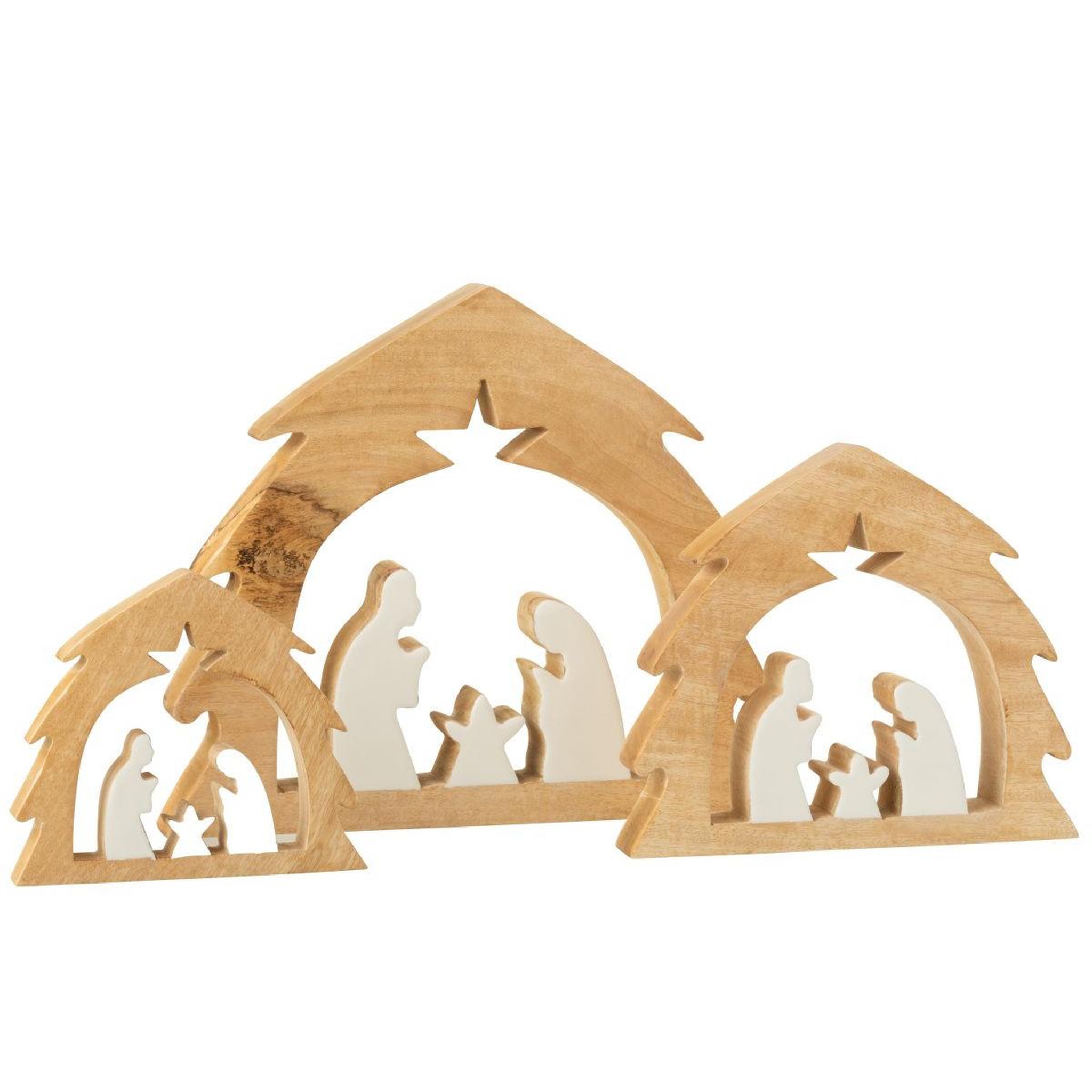 Voir la diapositive 2 : J-LINE Crèche sapin en bois  ajourée  37cm blanc & naturel