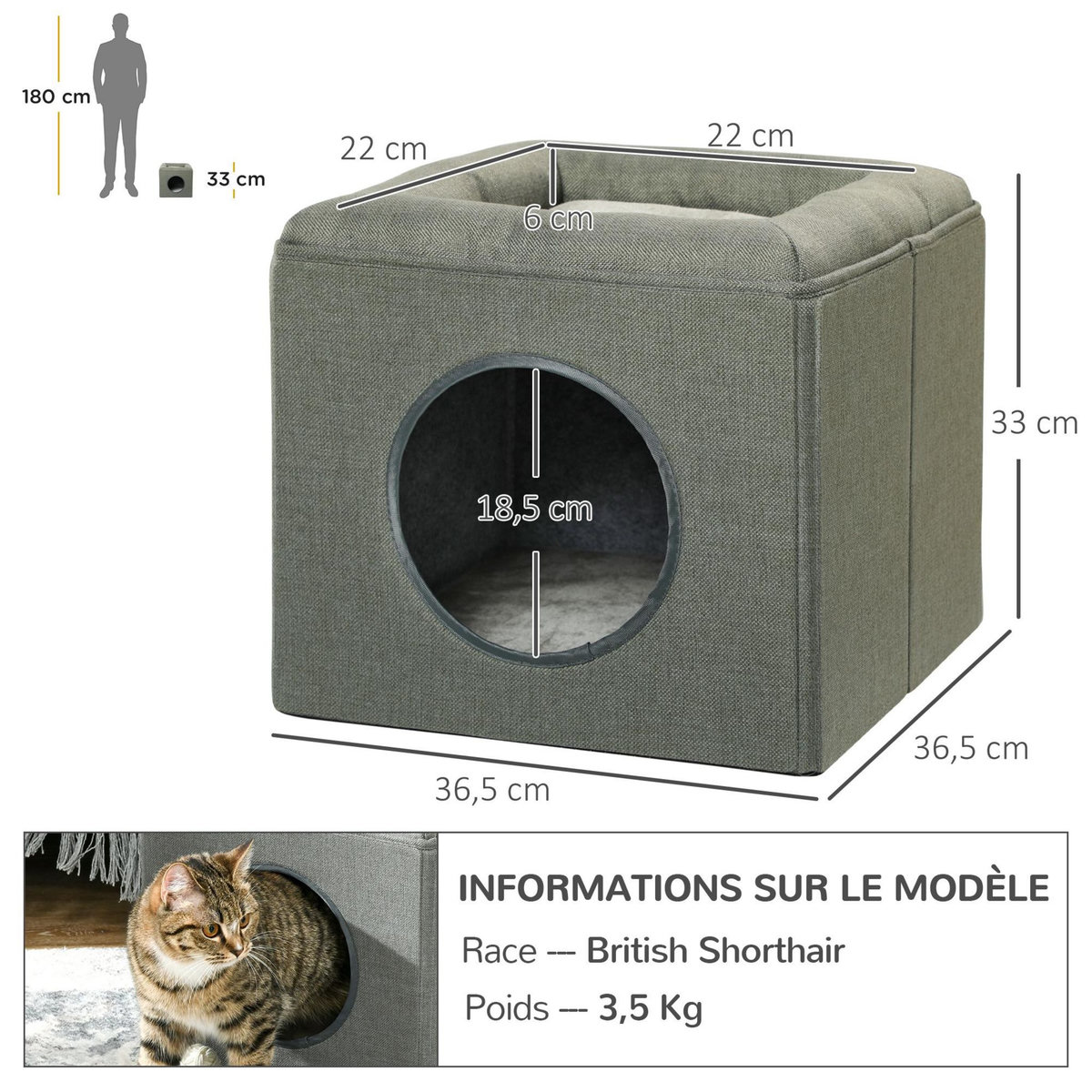 PAWHUT Panier chat pouf 2 en 1 - coussin amovible lavable - MDF PVC tissu aspect lin vert de gris