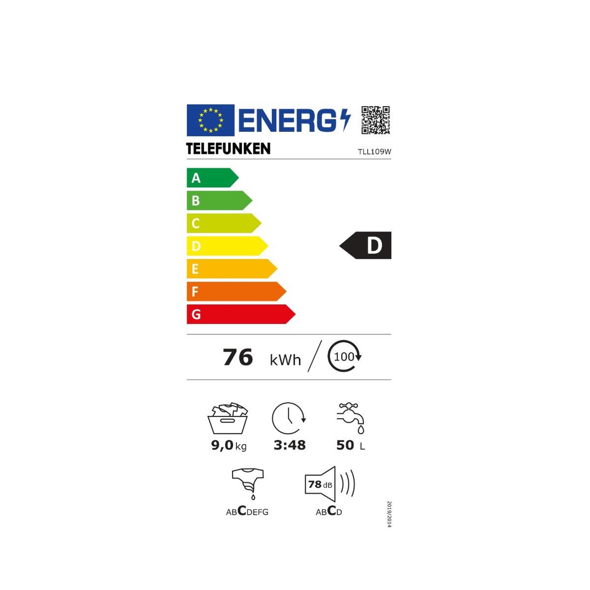 Voir la diapositive 2 : TELEFUNKEN Lave-linge frontal 9 kg 1000 tours/min blanc - tll109w