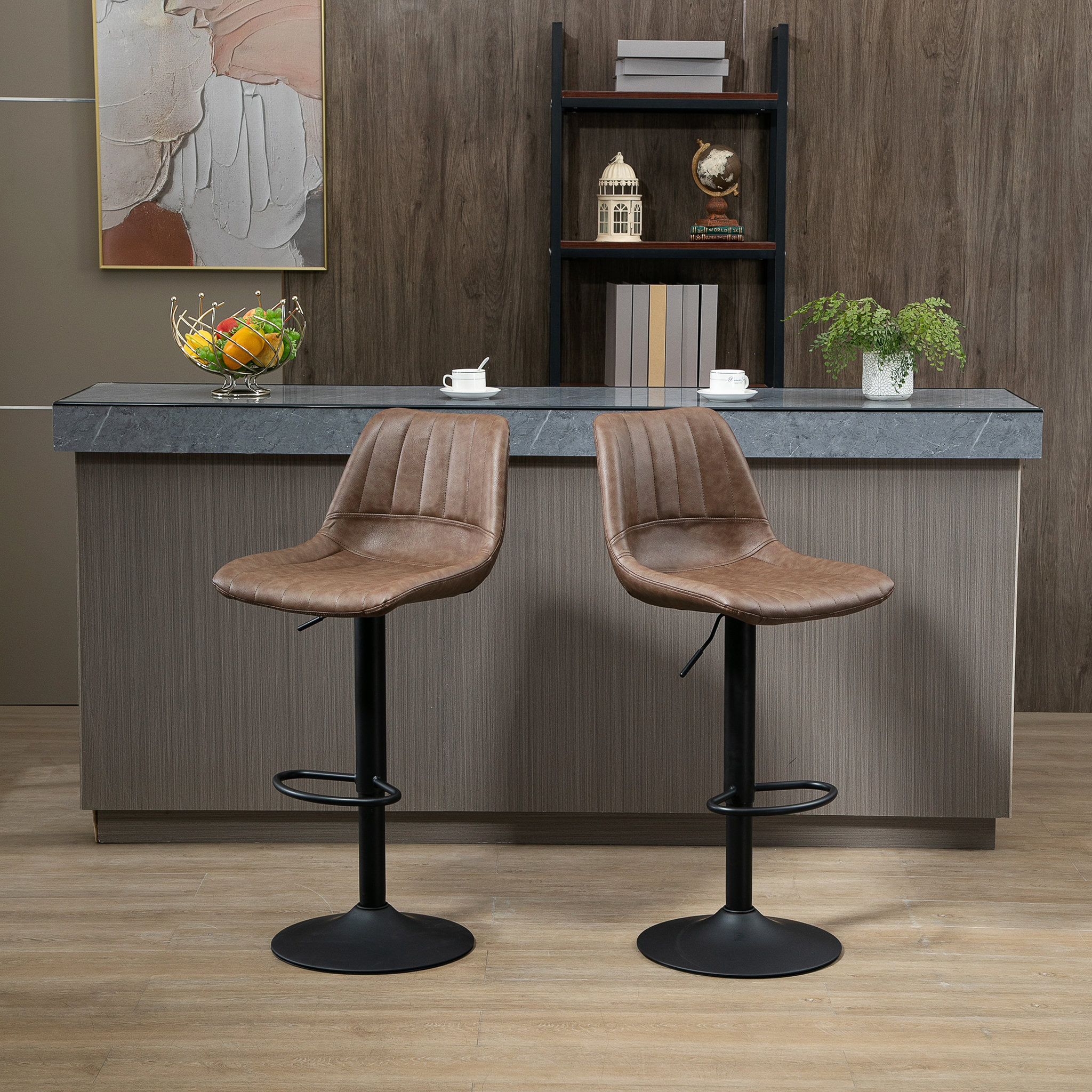 Voir la diapositive 2 : HOMCOM Lot de 2 tabourets de bar Vintage pivotant réglable - repose-pied - revêtement synthétique marron