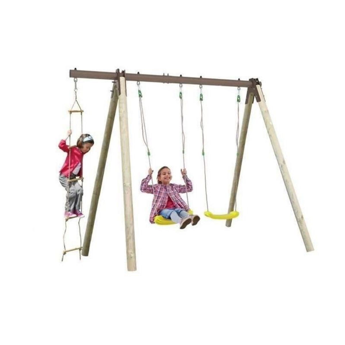Trigano Portique bois et metal - 1,90m - 2 balancoires et 1 echelle - PIKI TRIGANO