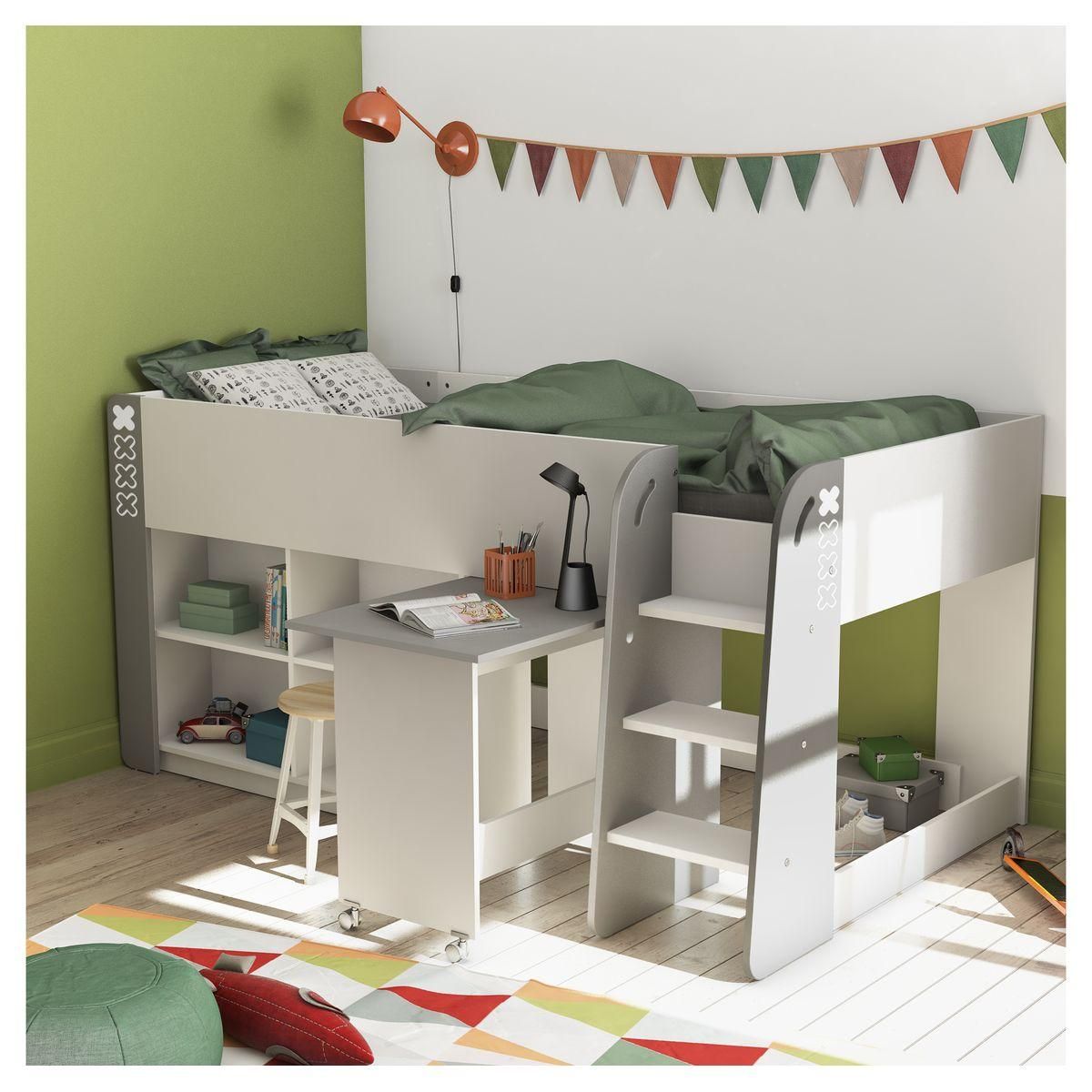 Lit combiné 90x200 cm avec sommier + bureau à roulettes LEWIS