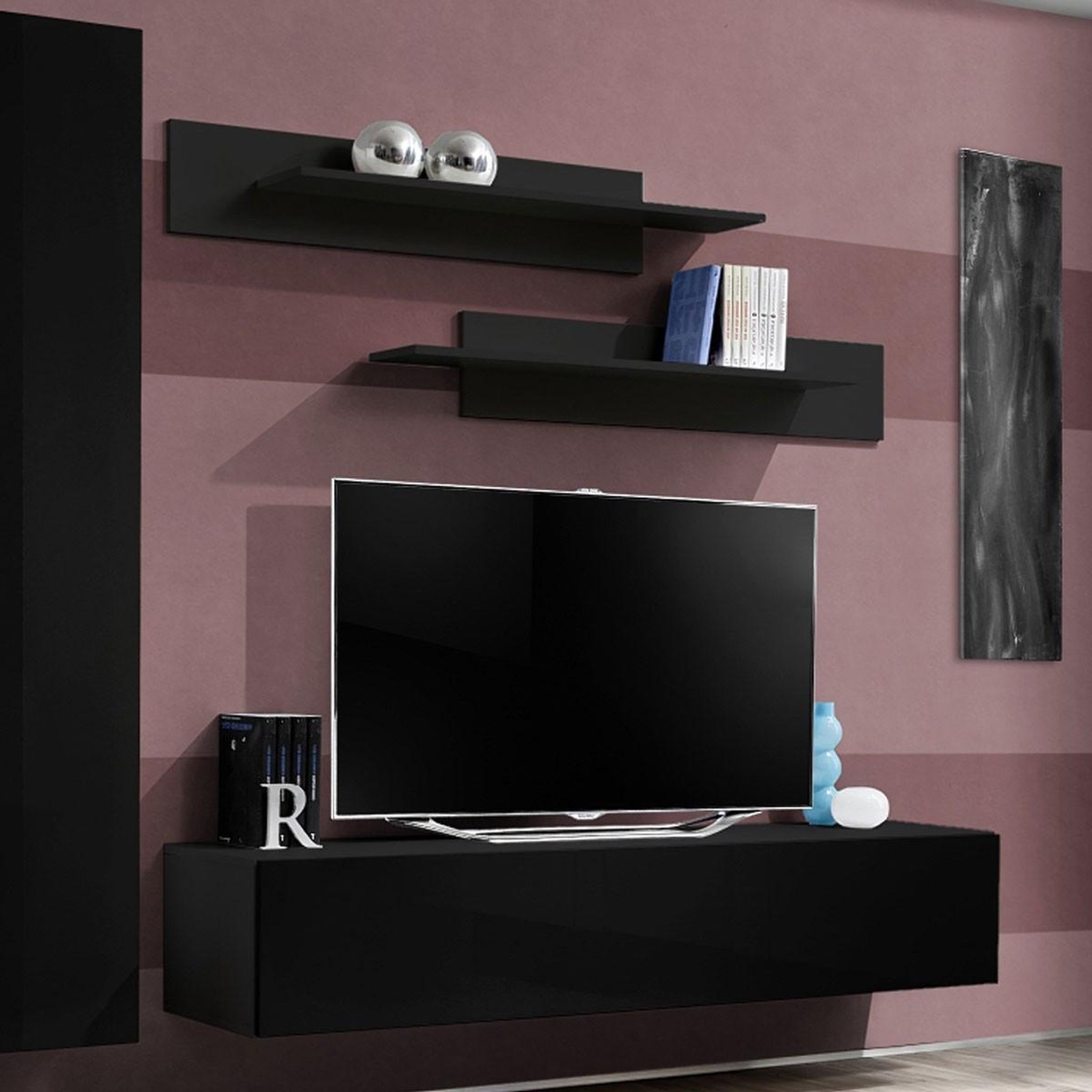 Voir la diapositive 3 : Paris Prix Ensemble meuble tv mural  fly g1  210cm noir
