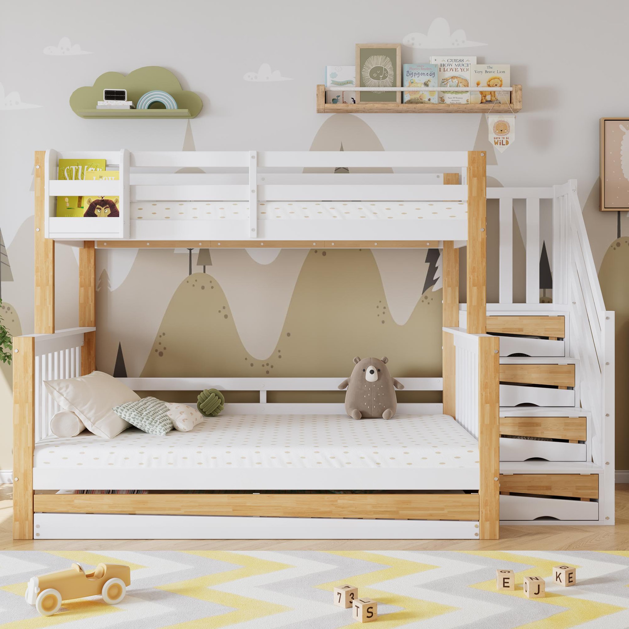Voir la diapositive 4 : MERAX Lit superposé 90x200(120x200)cm bois et mdf coloris blanc+naturel