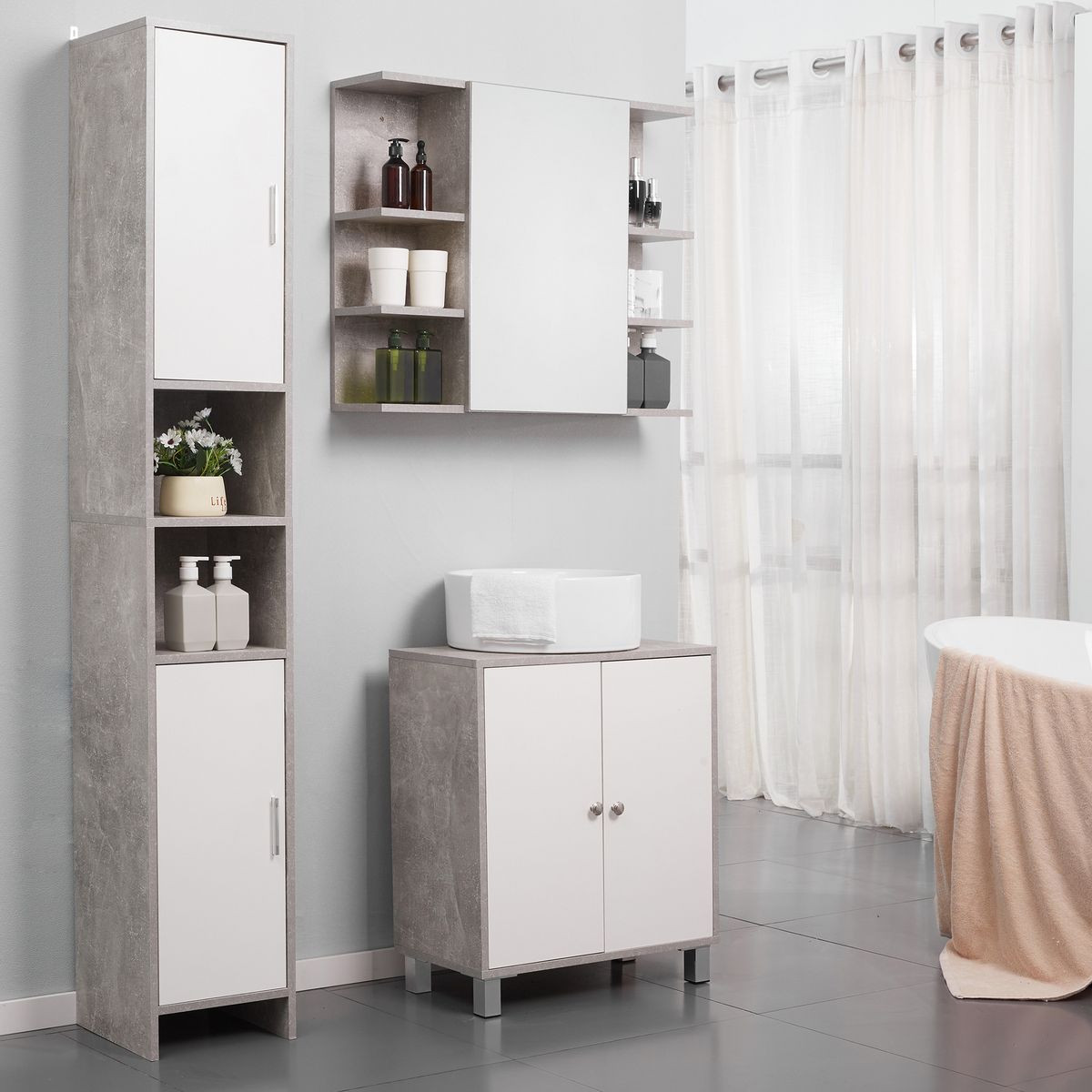 KLEANKIN Meuble colonne rangement salle de bain dim. 30L x 30l x 180H cm 2 placards avec étagère + 2 niches panneaux particules aspect ciment blanc