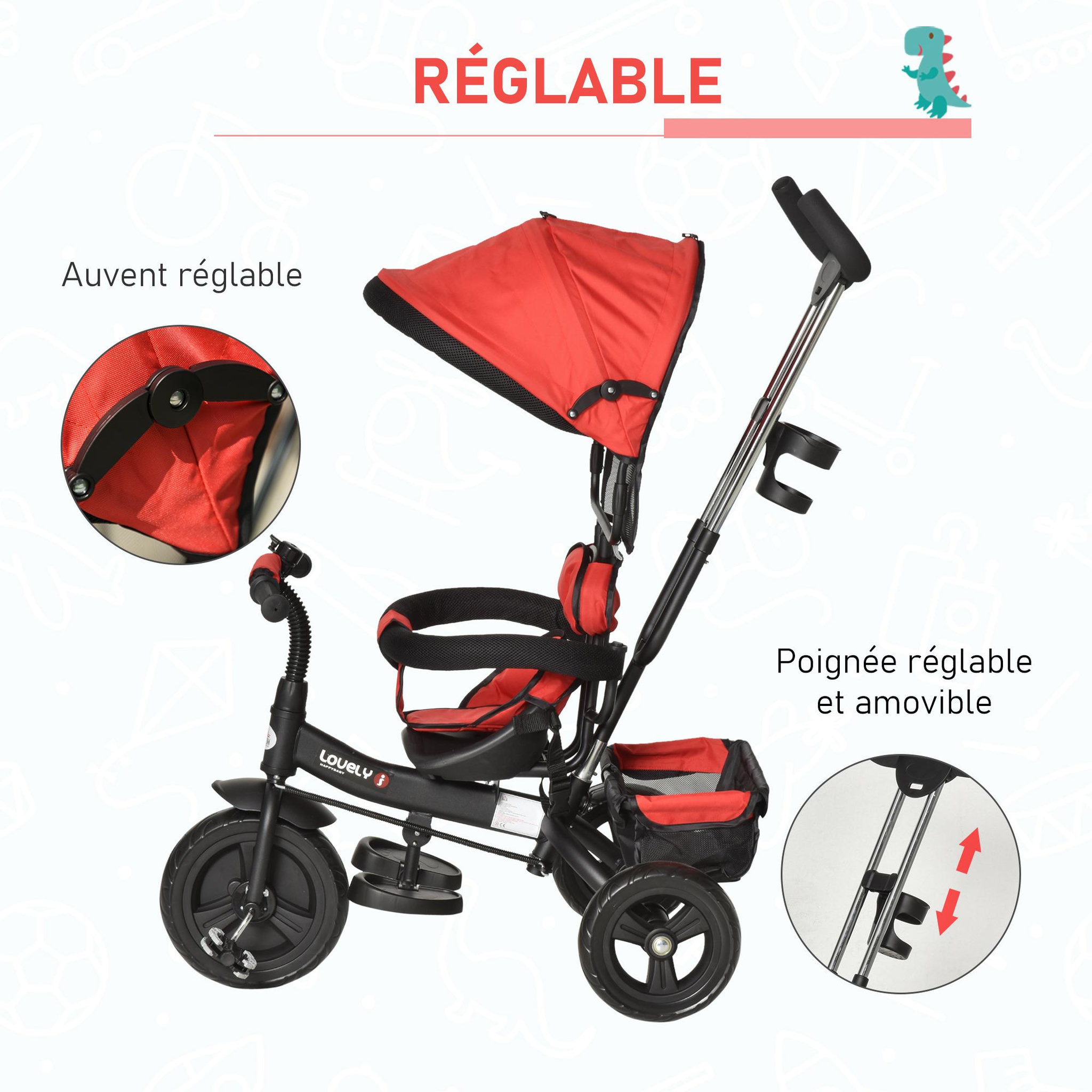 Voir la diapositive 5 : HOMCOM Tricycle enfant évolutif pare-soleil pliable canne  télescopique amovible 92 x 51 x 110 cm acier rouge noir