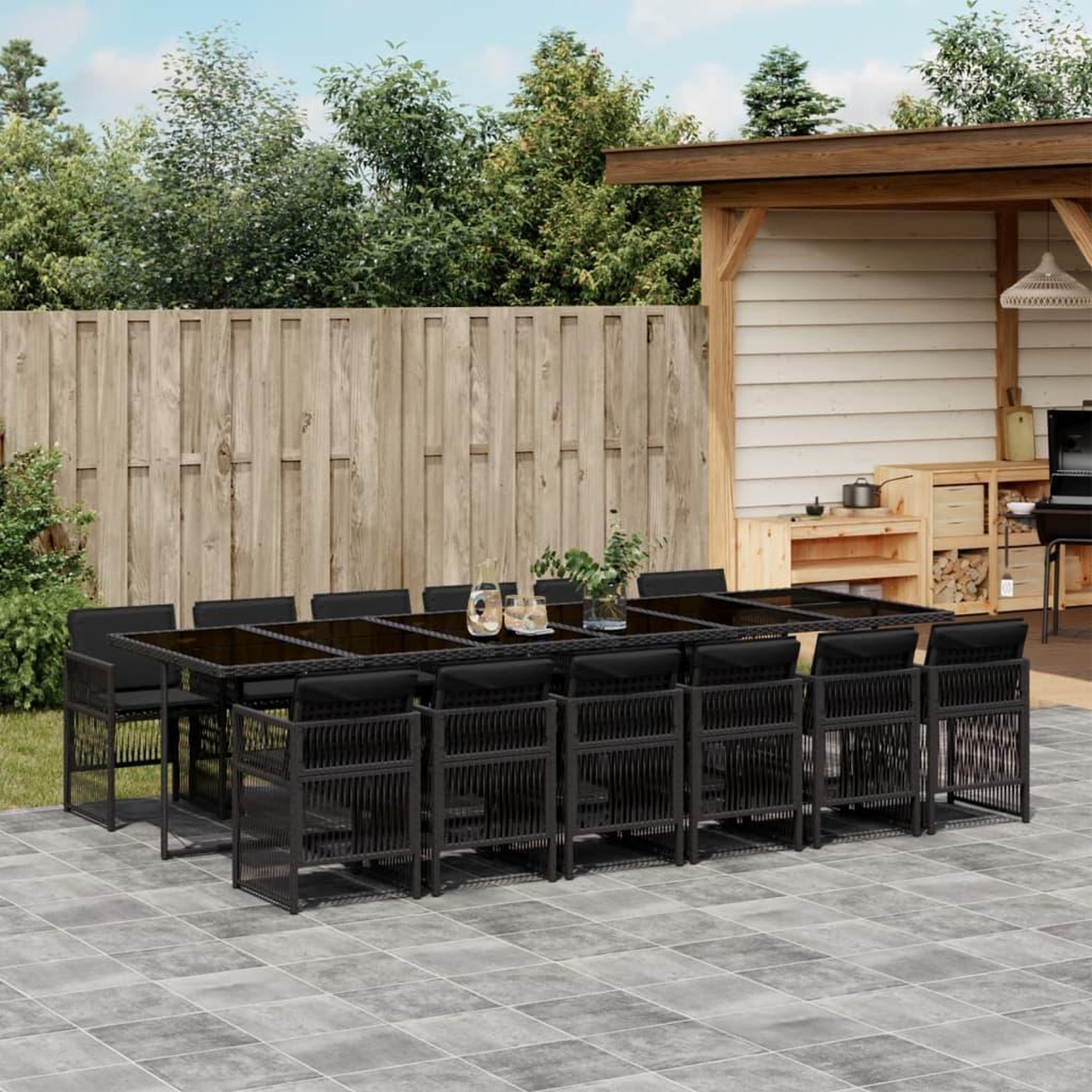 VIDAXL Ensemble a manger de jardin 13 pcs coussins noir resine tressee