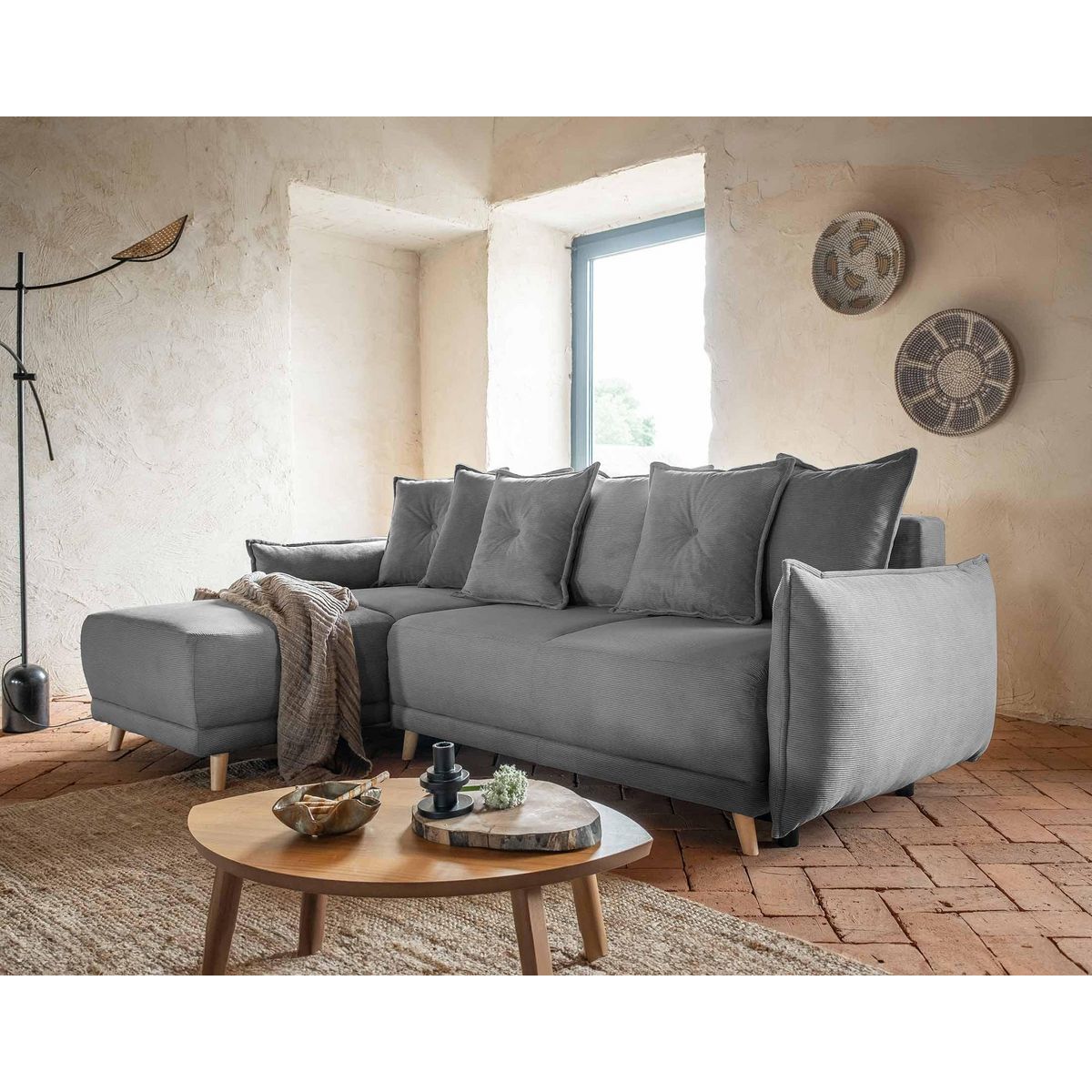 BEST MOBILIER Lena - canapé d'angle réversible 4 places - convertible avec coffre - en velours côtelé