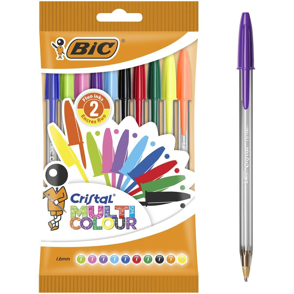 BIC Lot de 10 stylos bille pointe large CRISTAL MULTICOLOUR couleurs assorties