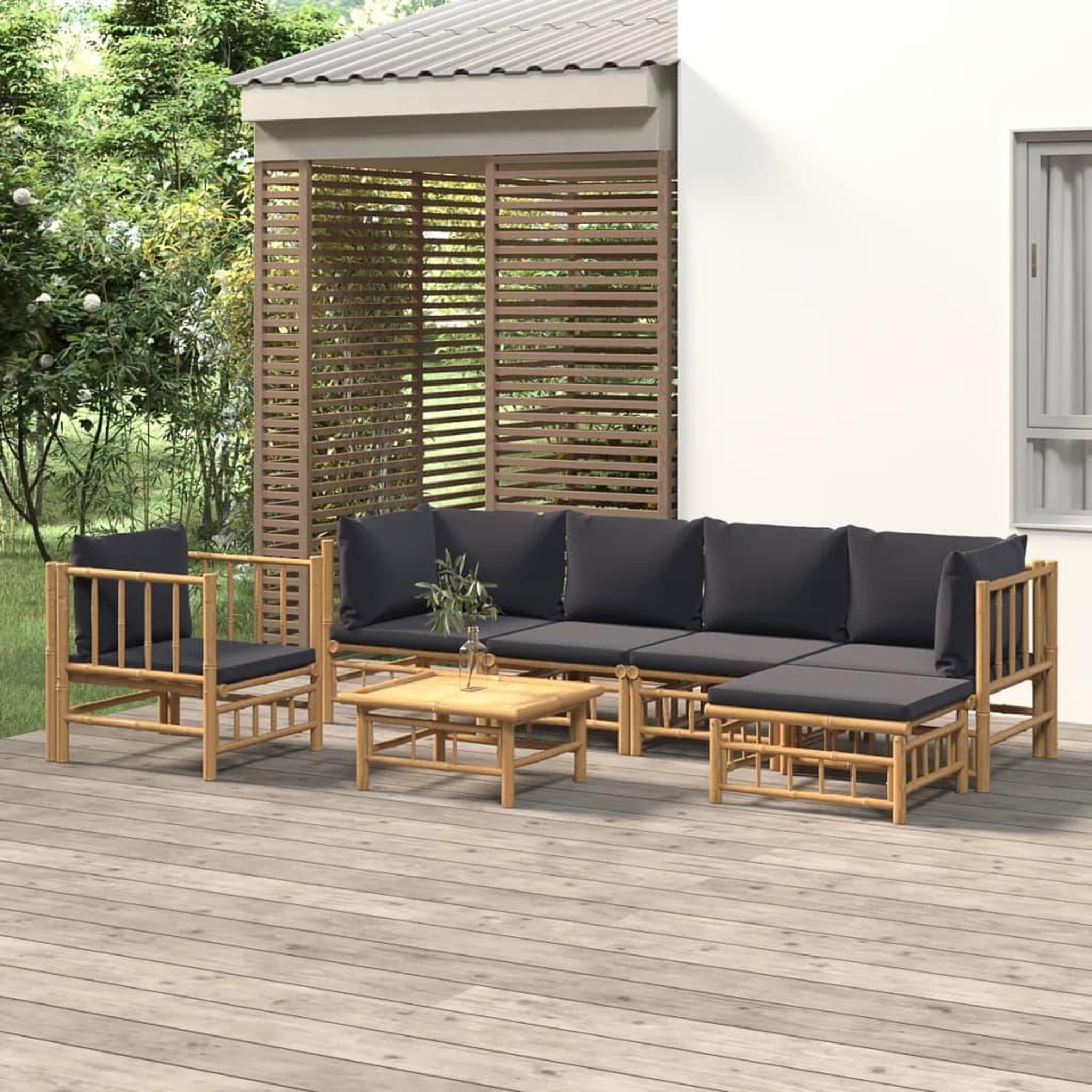 Voir la diapositive 1 : VIDAXL Salon de jardin 7 pcs avec coussins gris fonce bambou