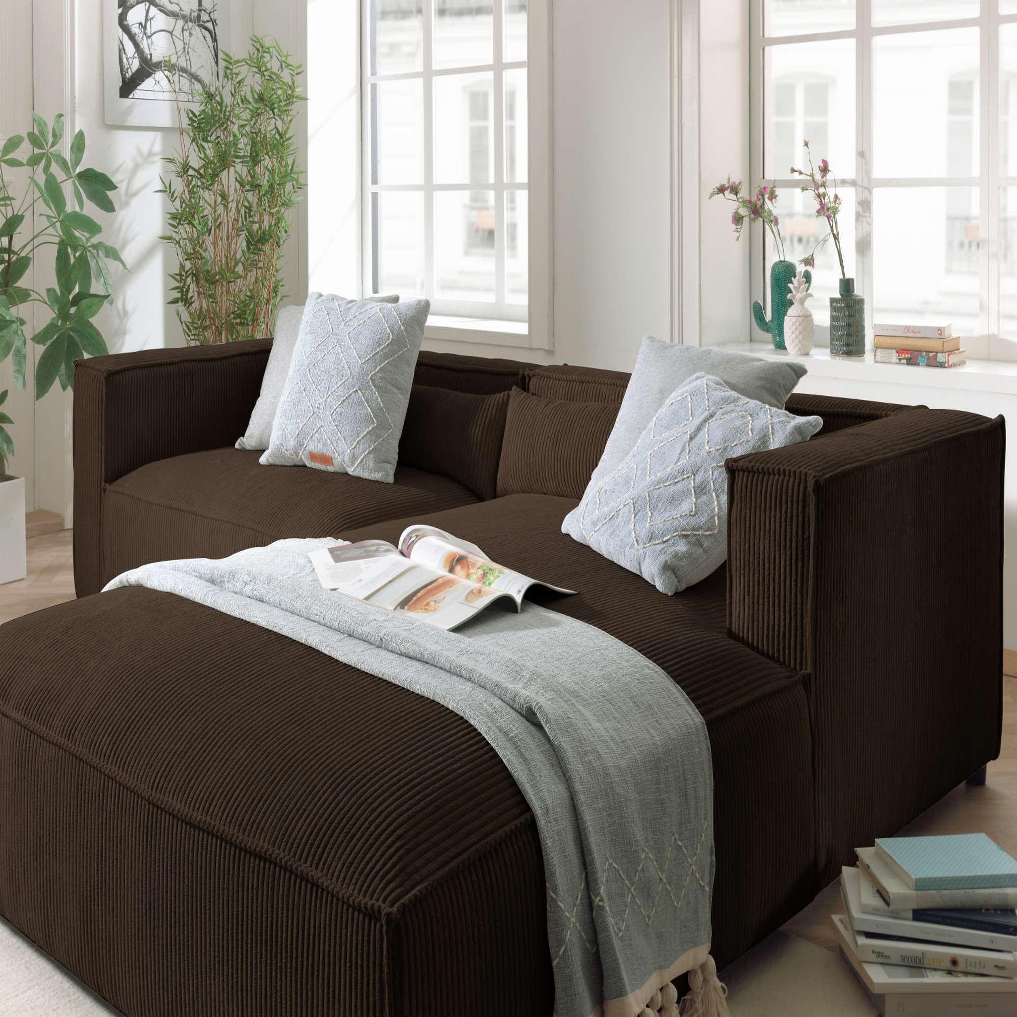 Voir la diapositive 3 : BEST MOBILIER Ela - canapé d'angle droit 4 places - en velours côtelé - style contemporain