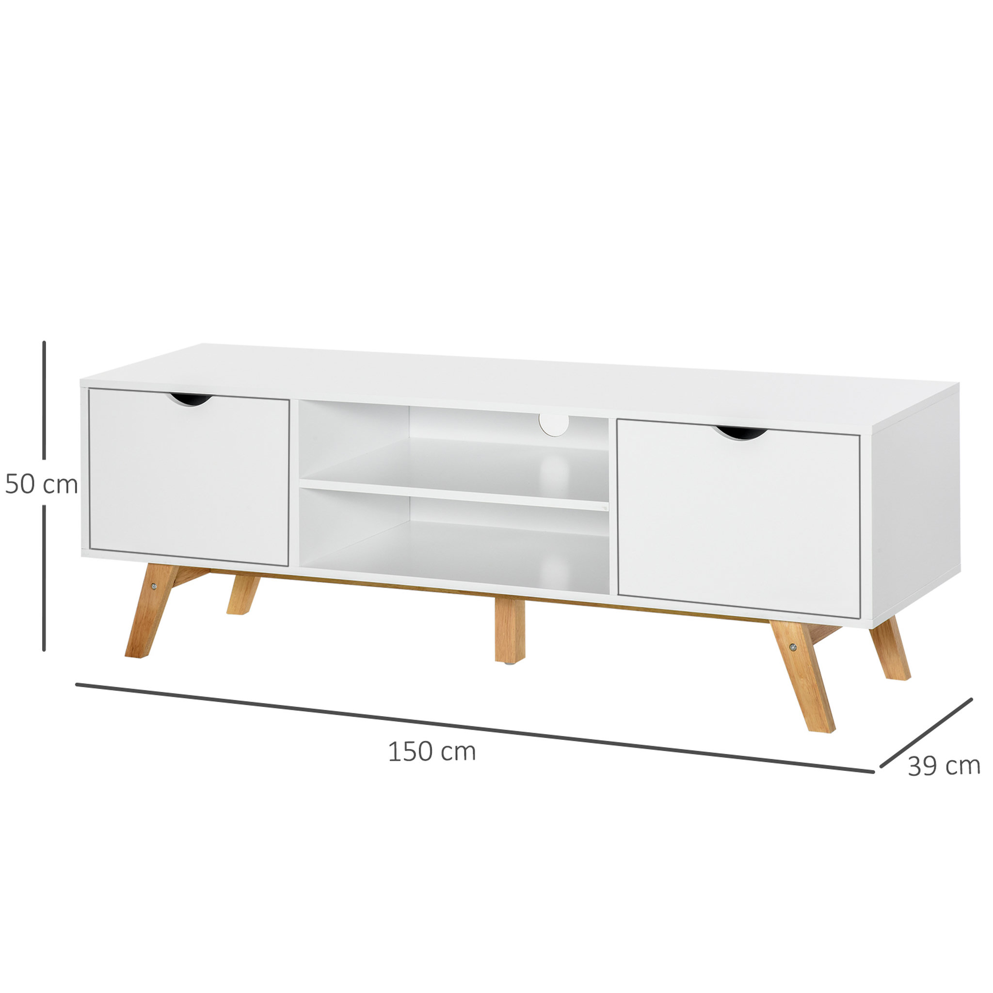Voir la diapositive 3 : HOMCOM Meuble TV bas sur pied style scandinave 2 portes 2 niches passe-fils panneaux particules MDF blanc bois massif hévéa