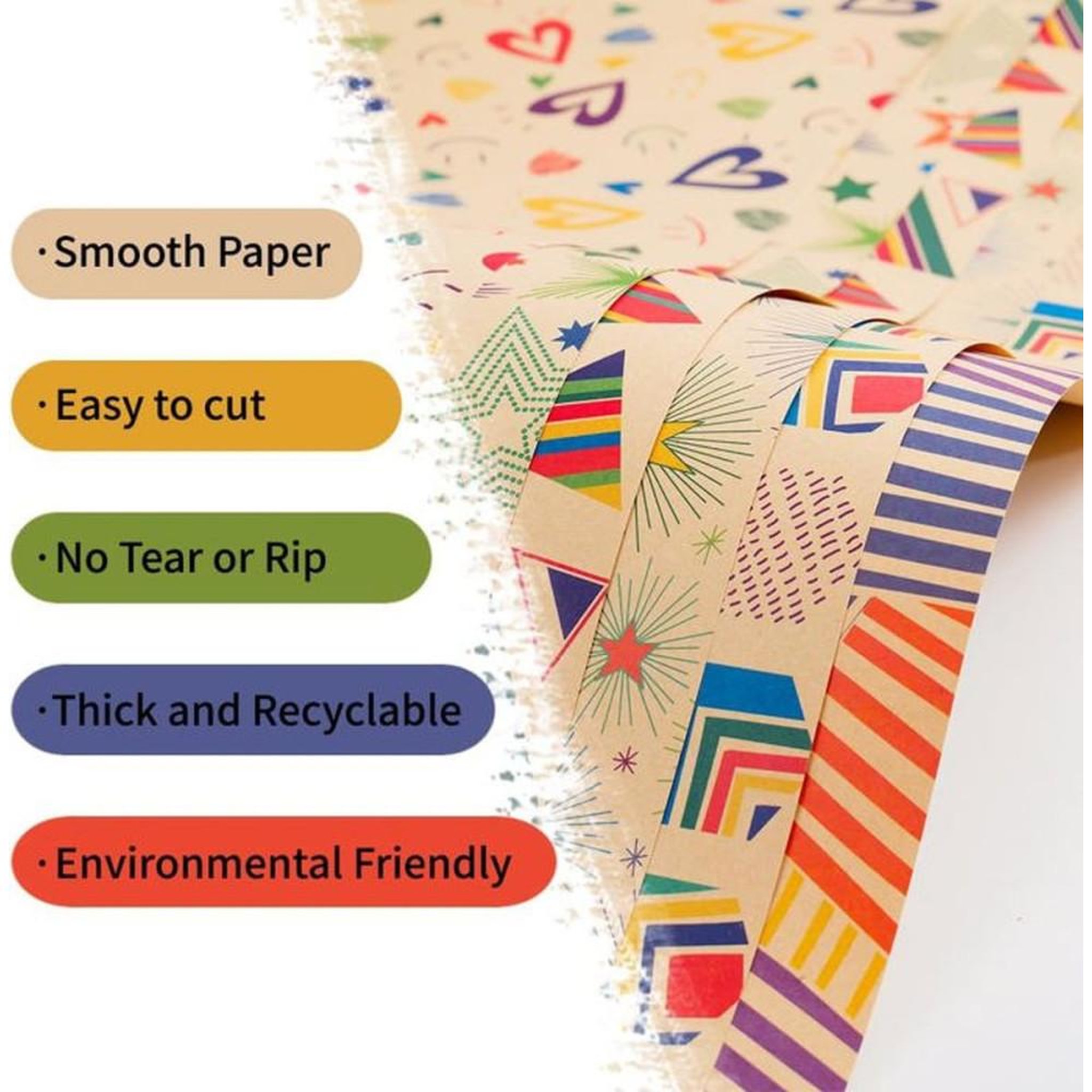Voir la diapositive 4 : Papier cadeau en feuilles kraft 70 x 50 cm, lot de 6 avec motifs multicolores + accessoires