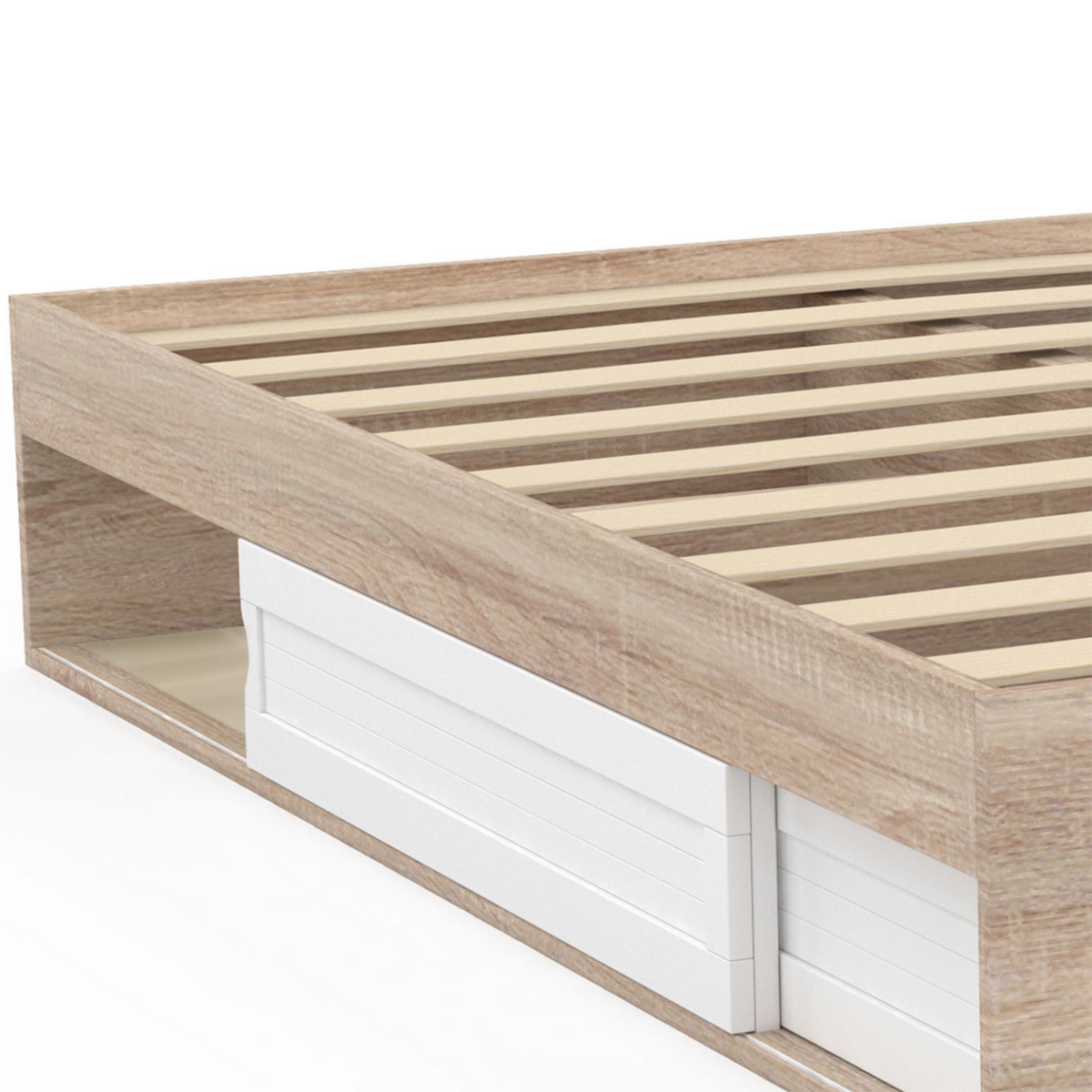 ID MARKET Cadre de lit double SALEM avec rangements et sommier 160 x 200 cm façon hêtre et blanc