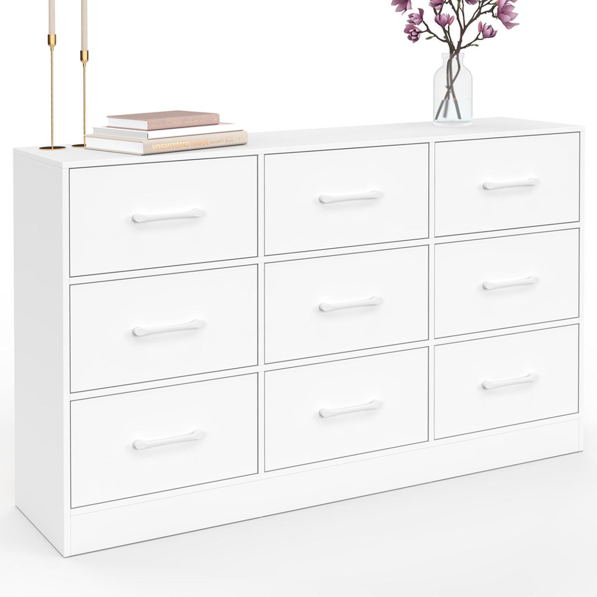 ID MARKET Commode 9 tiroirs en tissu uppah 113 cm meuble de rangement bois blanc