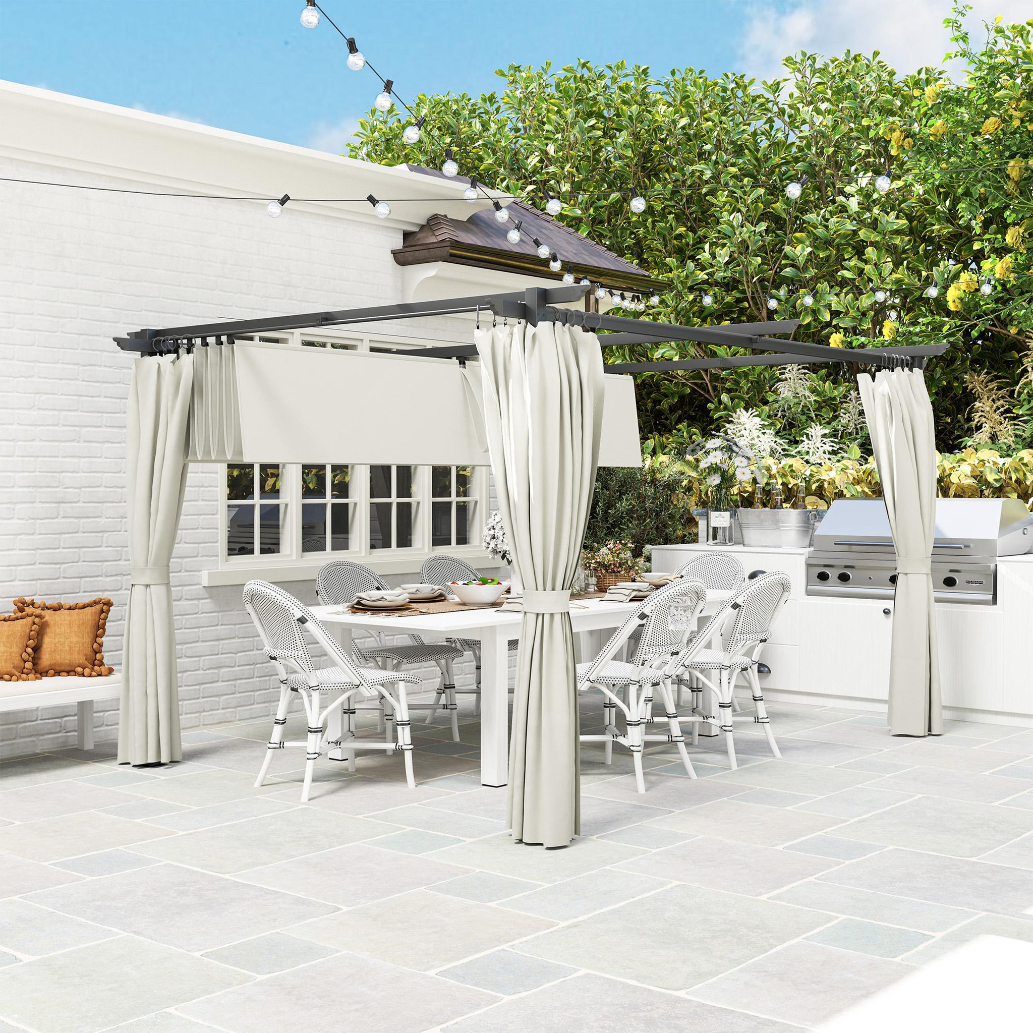 Voir la diapositive 5 : OUTSUNNY Pergola 3 x 4 m toile toit rétractable 4 rideaux ajustables métal noir polyester haute densité 180g/m² crème
