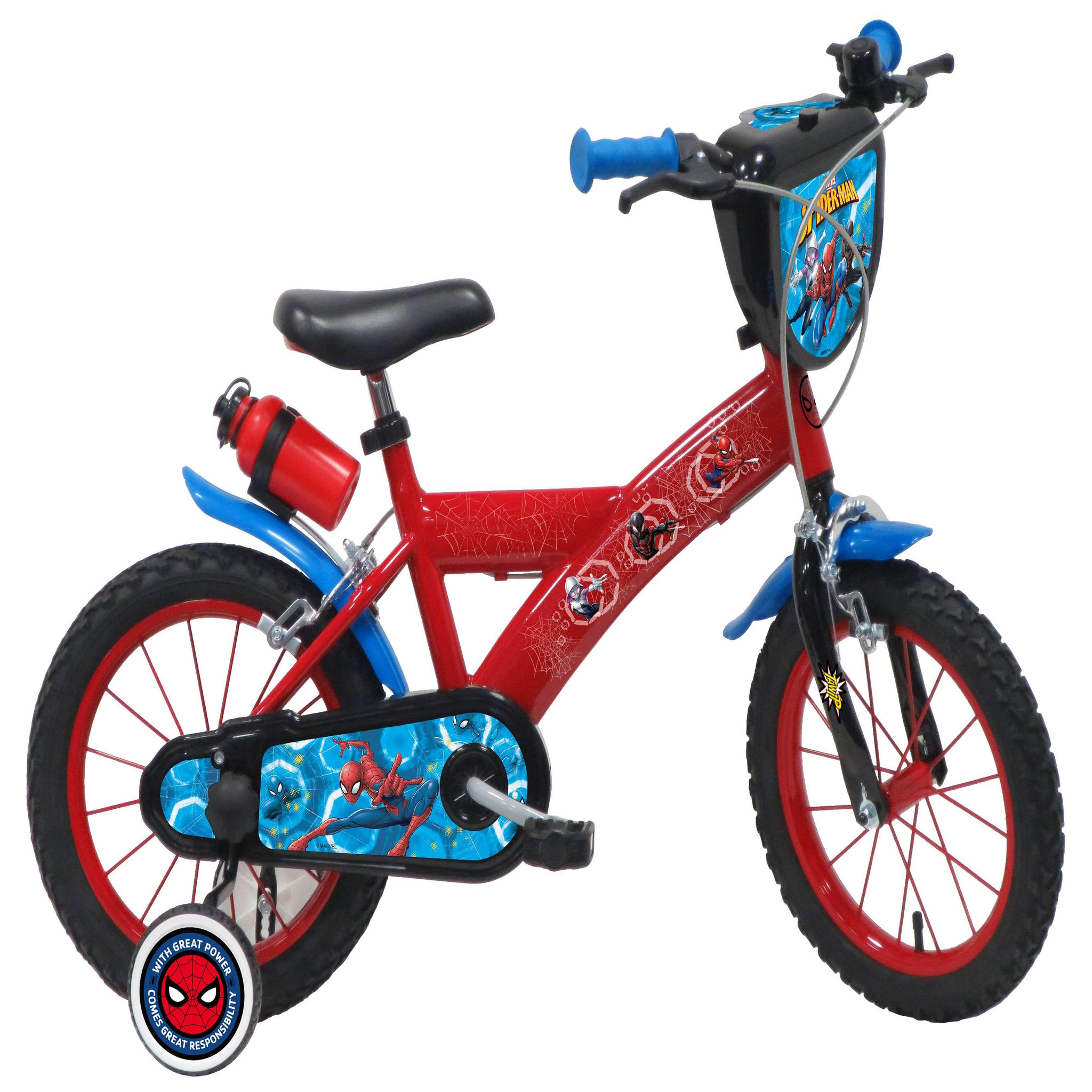 Voir la diapositive 1 : Marvel Vélo enfant - Modèle 14'' Spiderman pour enfant de 95/110 cm avec stabilisateurs - Plaque décorative avant - Porte bidon - 2 freins et pneus gonflables