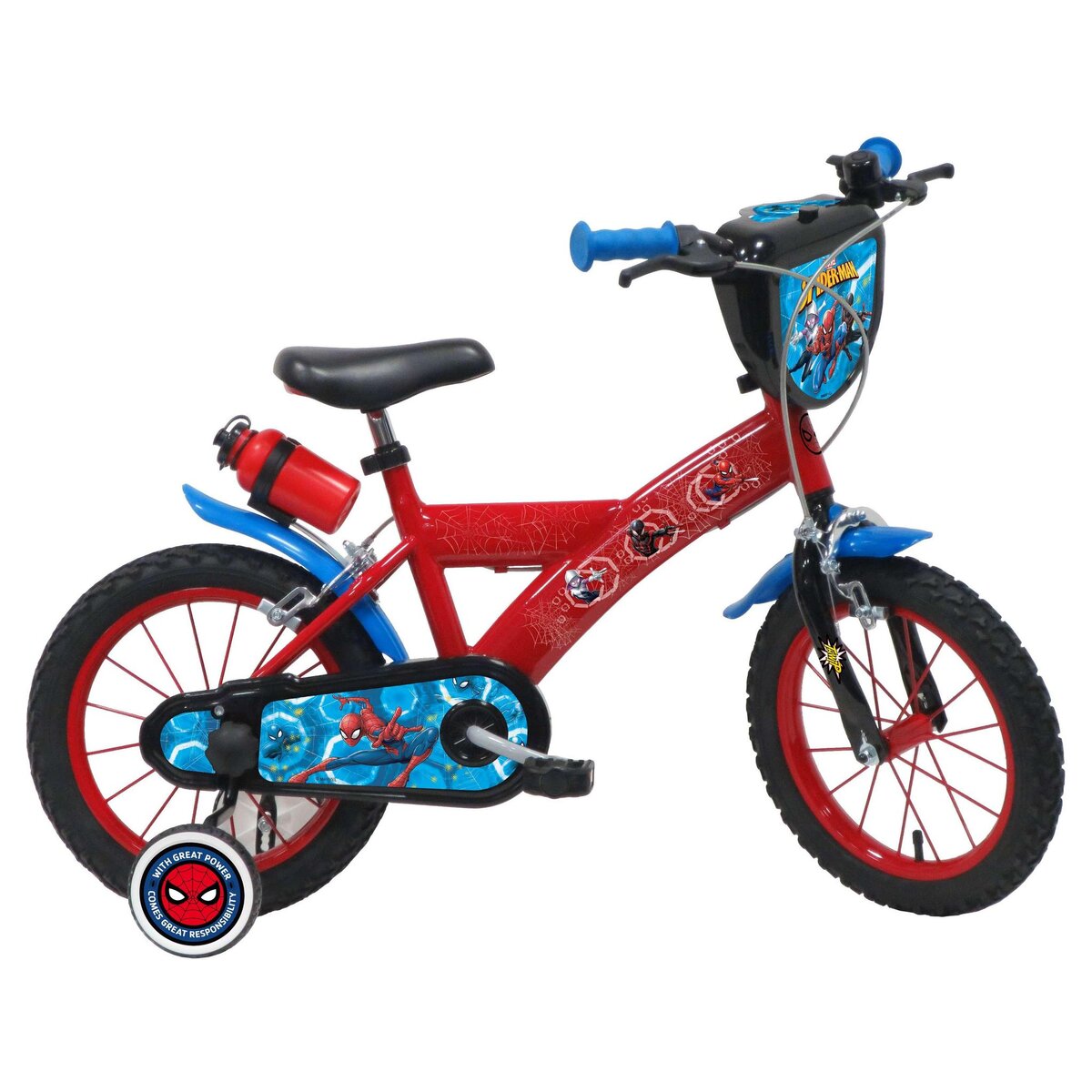 Marvel Vélo enfant - Modèle 14'' Spiderman pour enfant de 95/110 cm avec stabilisateurs - Plaque décorative avant - Porte bidon - 2 freins et pneus gonflables
