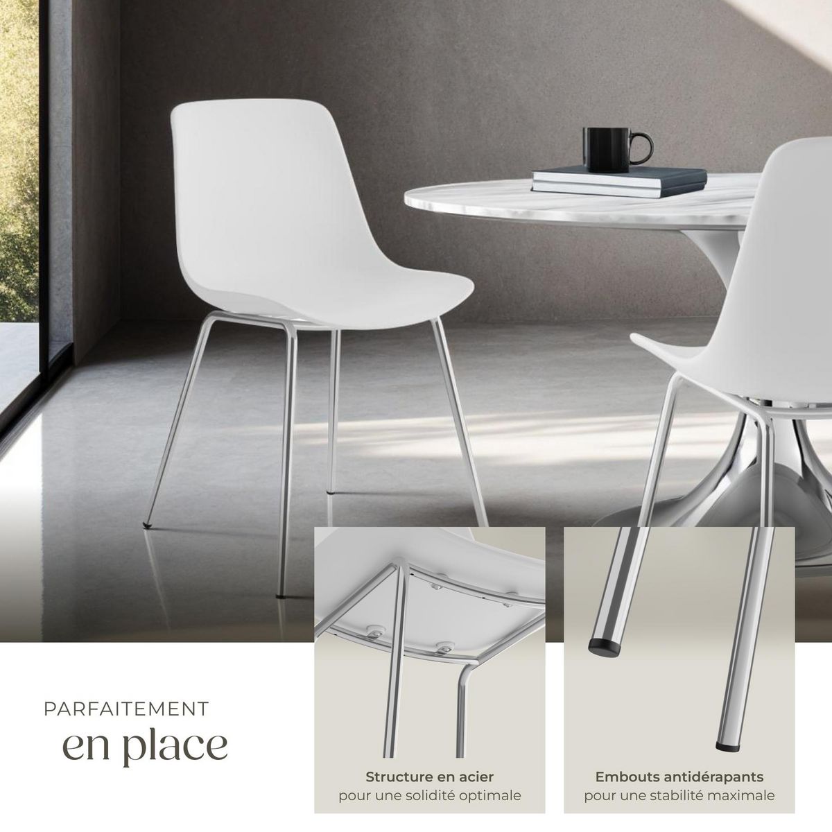 tectake Chaises en plastique grande coupe en plastique blanc/gris chrome Lot de 4