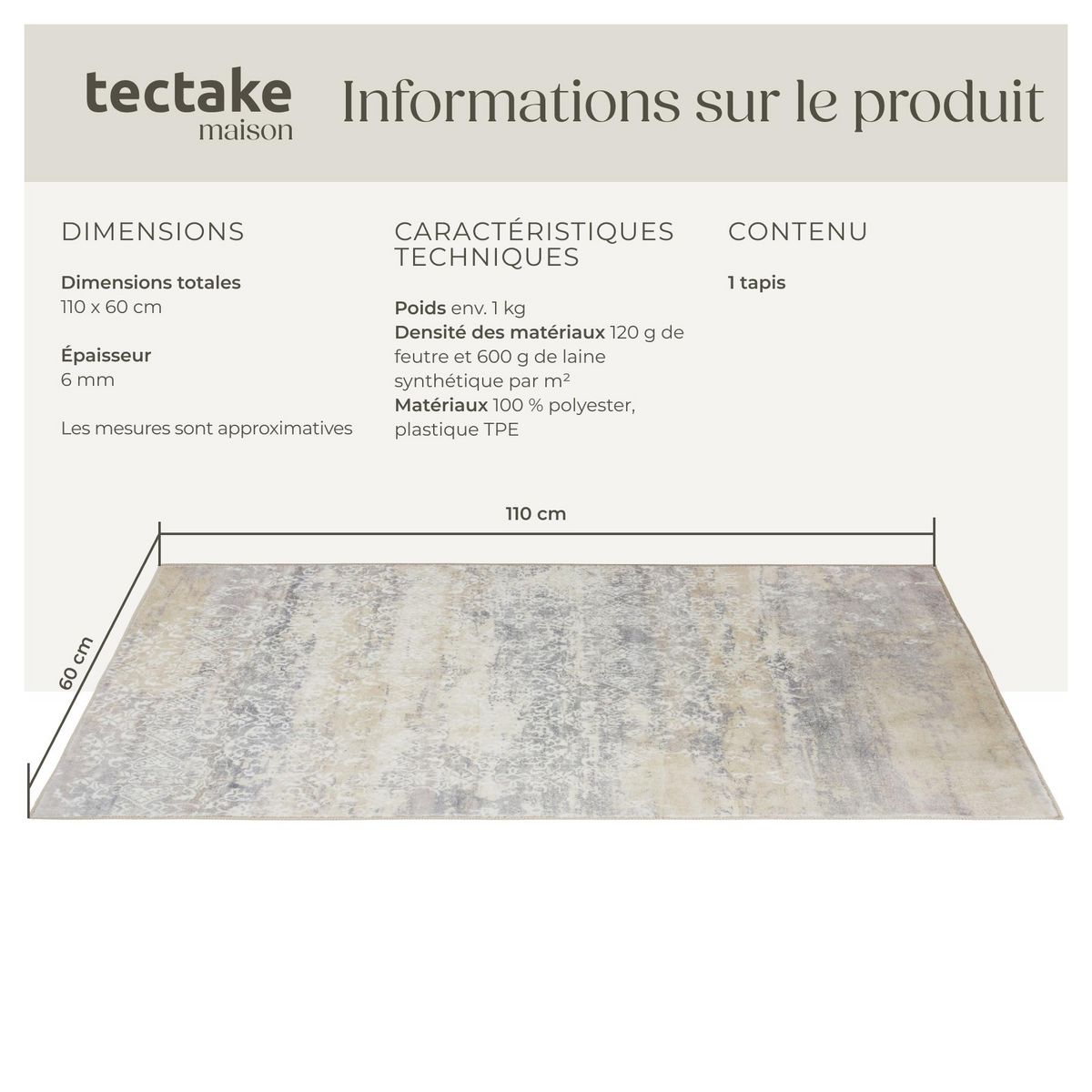 tectake Tapis design vintage à poils courts en laine synthétique et feutre beige 60 x 110 cm