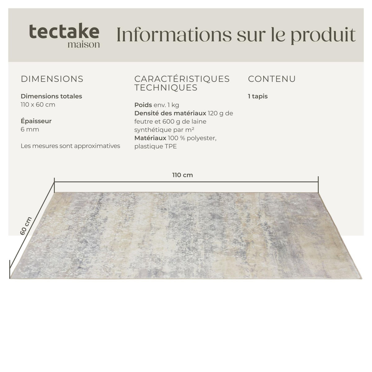 tectake Tapis design vintage à poils courts en laine synthétique et feutre beige 60 x 110 cm