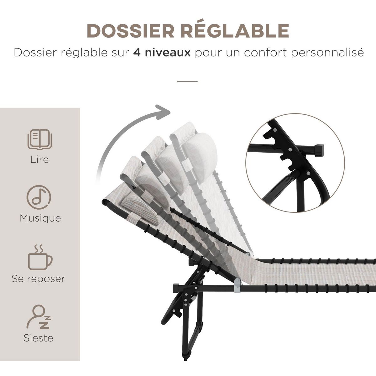 OUTSUNNY Lot de 2 bains de soleil transats pliables inclinables acier lacets élastiques noir textilène crème