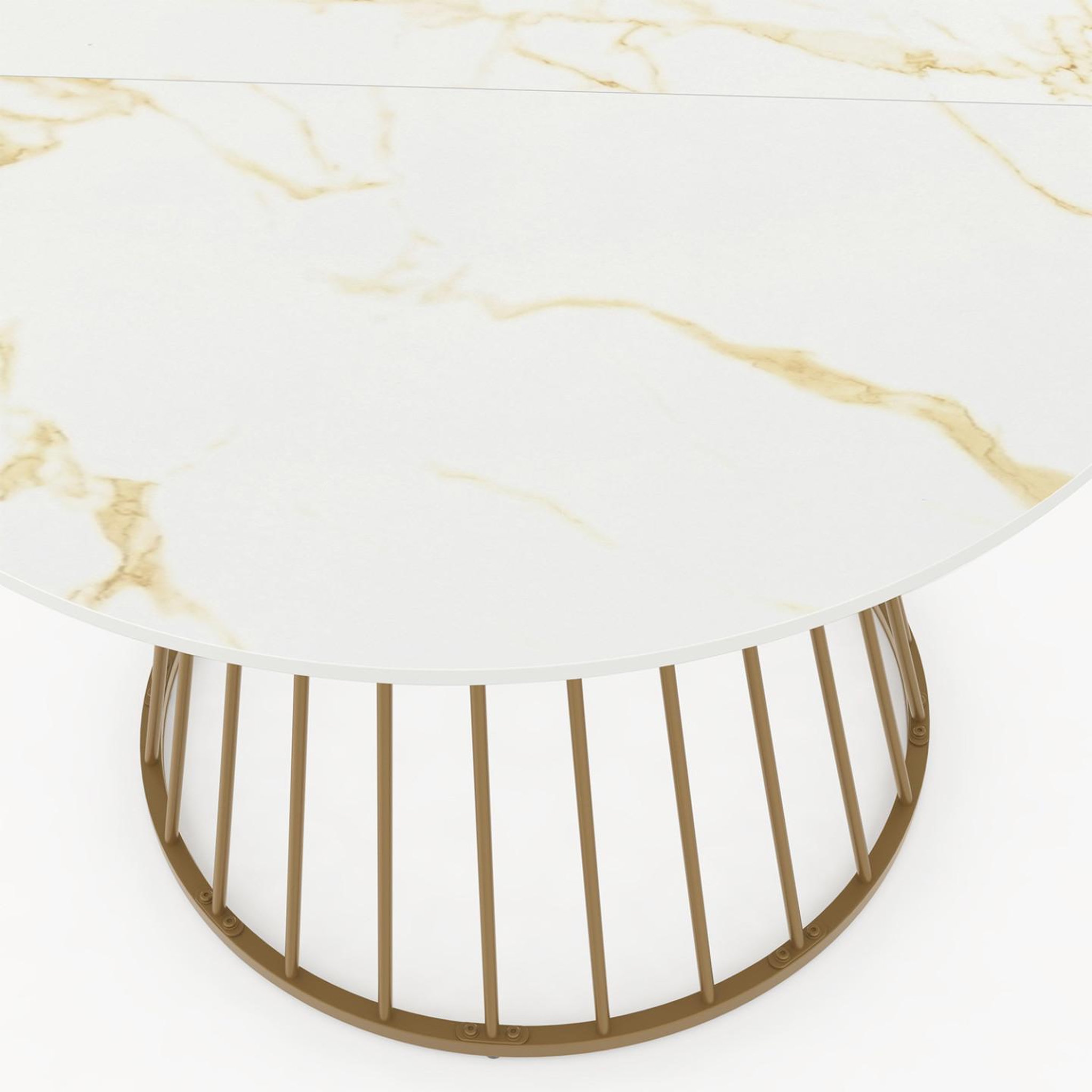 Voir la diapositive 5 : ID MARKET Table à manger ronde yuna 6 personnes pied filaire laiton et plateau effet marbre blanc alaska 110 cm