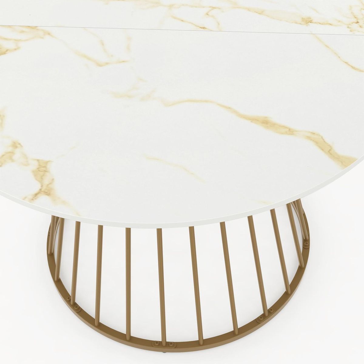 ID MARKET Table à manger ronde YUNA 6 personnes pied filaire laiton et plateau effet marbre blanc ALASKA 110 cm