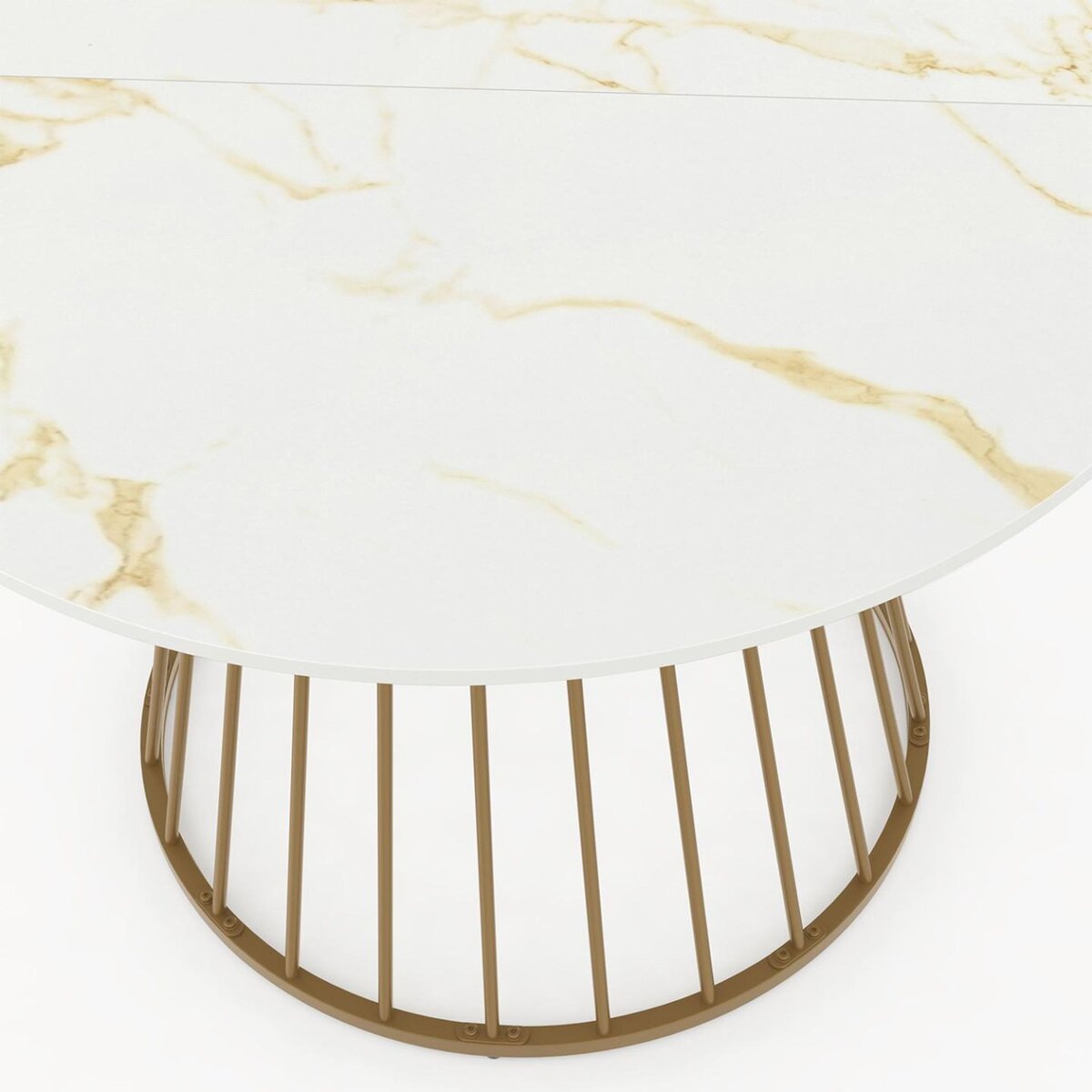 ID MARKET Table à manger ronde YUNA 6 personnes pied filaire laiton et plateau effet marbre blanc ALASKA 110 cm