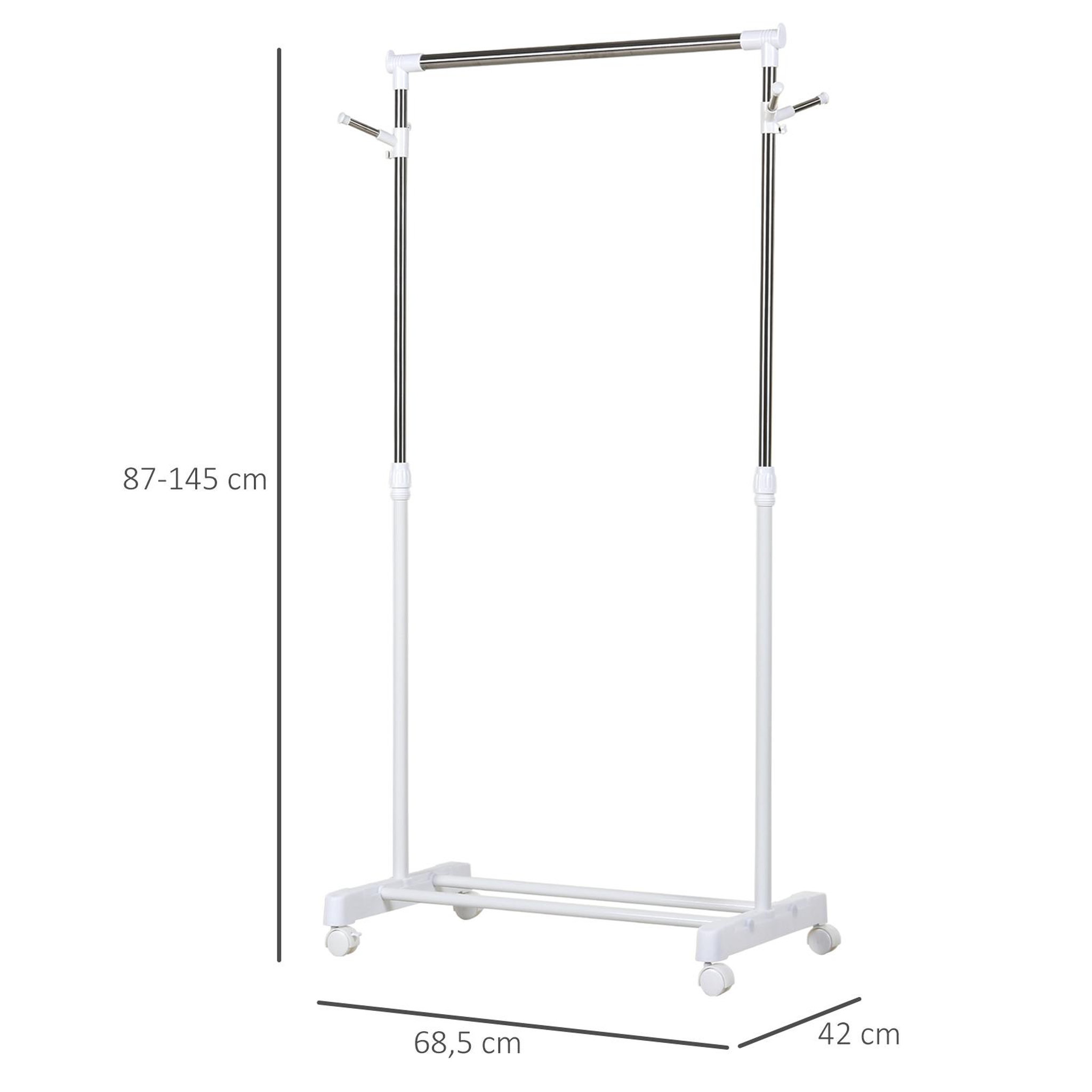 Voir la diapositive 3 : HOMCOM Portant à vêtements sur roulettes - hauteur réglable - 2 patères doubles - acier inox pp blanc